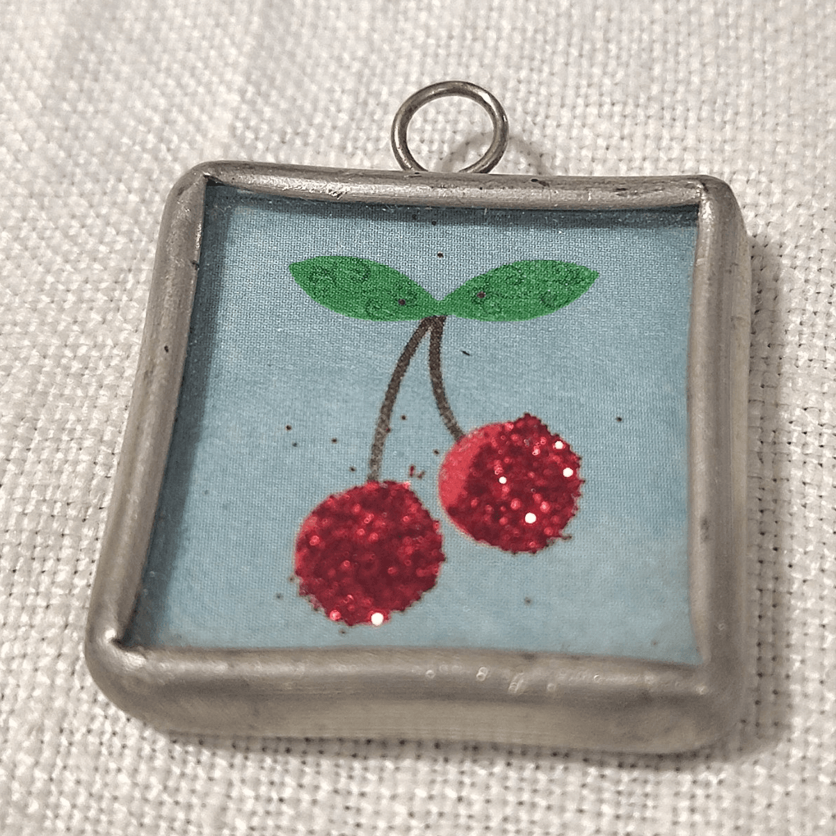 Square Cherry Fruit Glass Pendant Charm with Red Glitter, Silver Frame