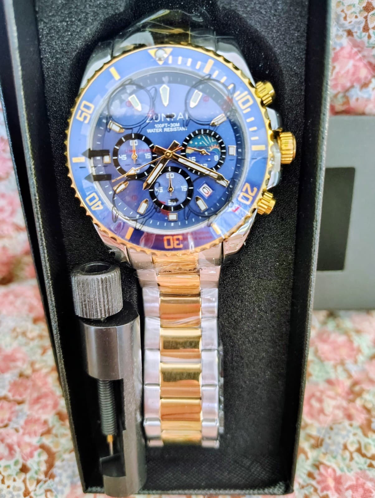 NWT Zunpai Men's Silver Blue Chronograph Watch - Thumbnail 4