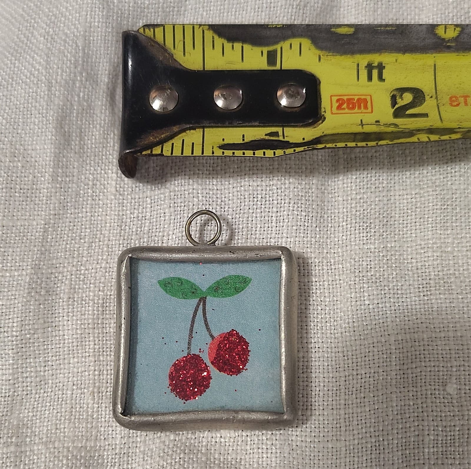 Square Cherry Fruit Glass Pendant Charm with Red Glitter, Silver Frame - Thumbnail 5
