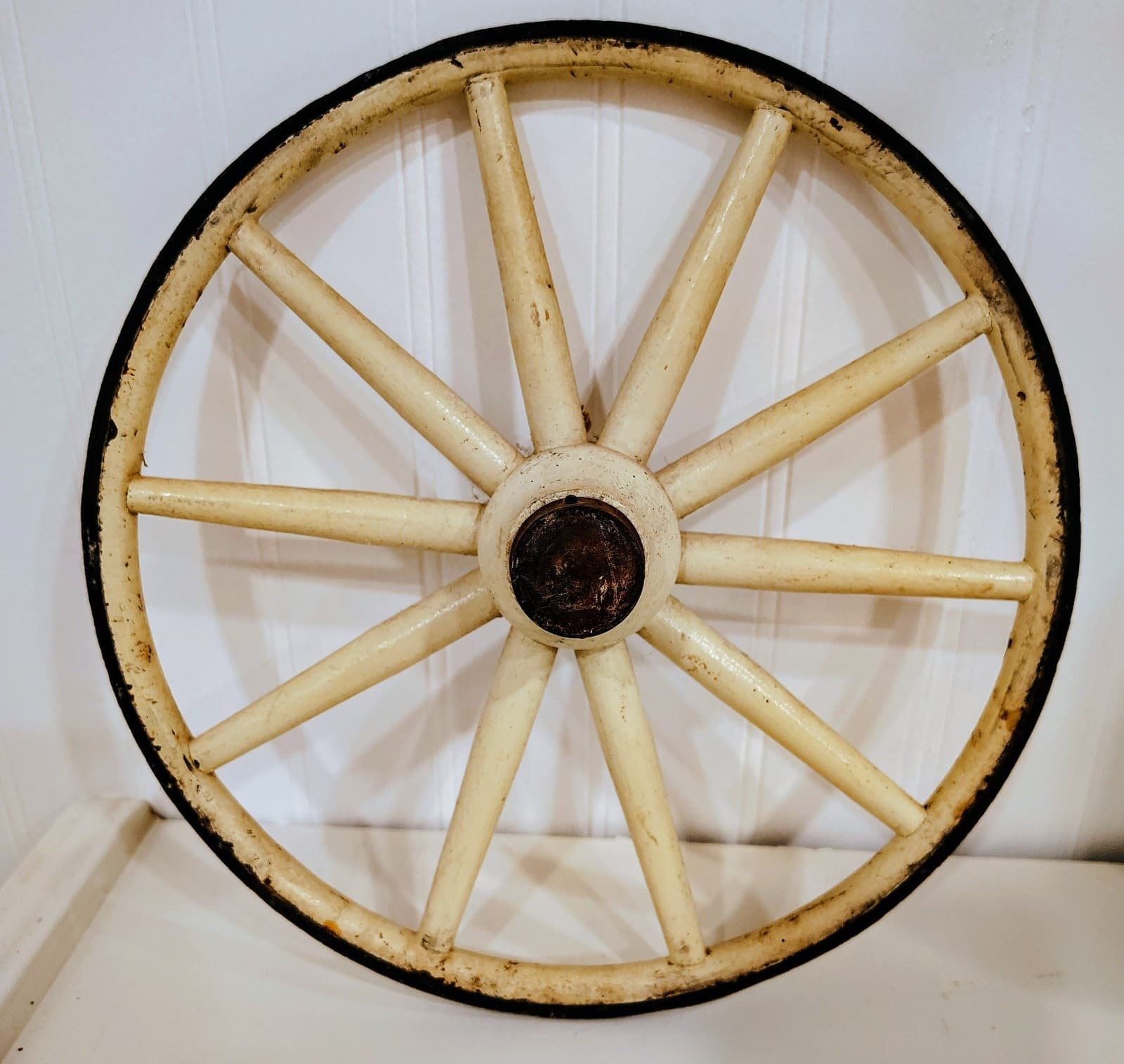 Vintage 1800's 10 Inch Carriage Wheel, Metal, Wood, Rubber Tire