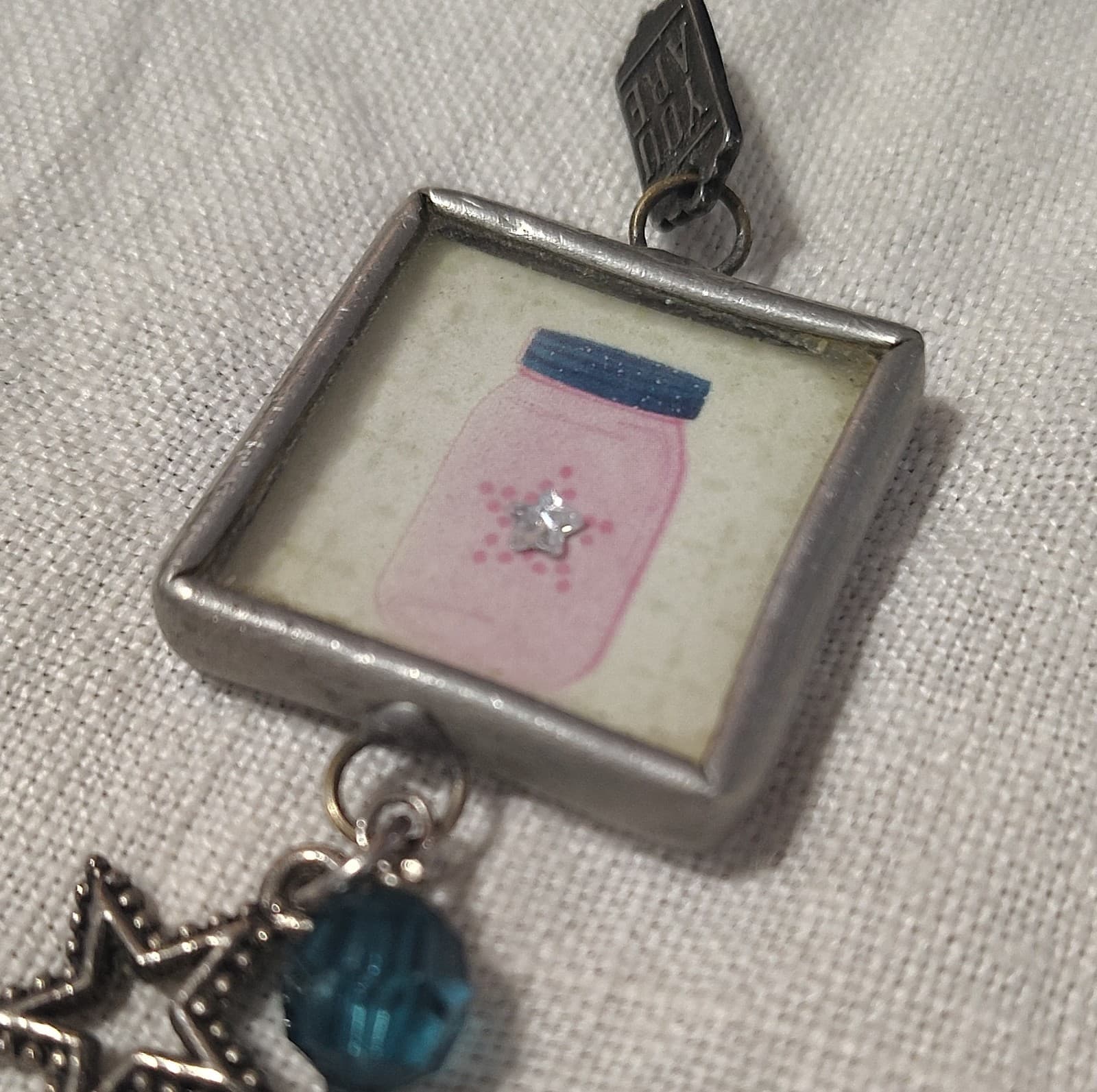 Inspirational Square Star Glass Pendant Charm with Blue Crystal, Silver - Thumbnail 5