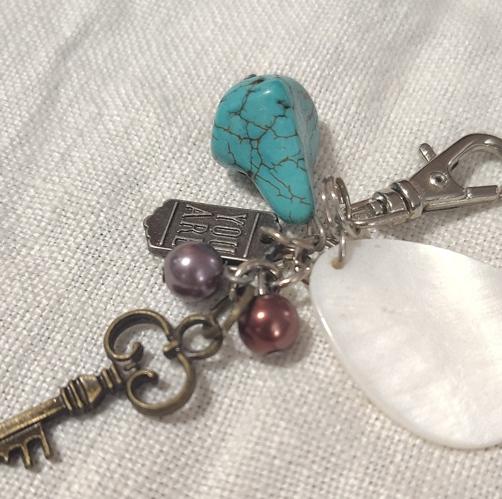 Handmade Charm Keychain Shell Beads Faux Turquoise Key Accent Silver Purple - Thumbnail 3