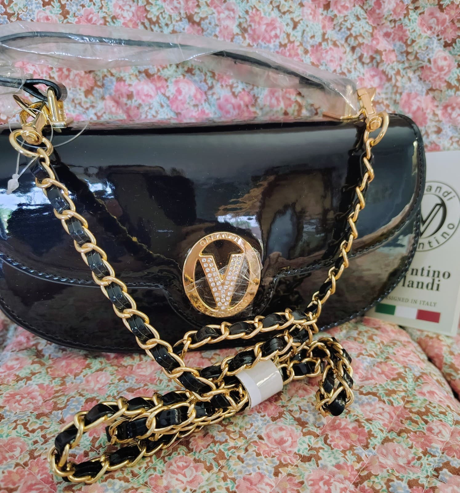 Valentino Orlandi black Formal Vegan Leather Bag With Gold Chain NWT MSRP 210.00