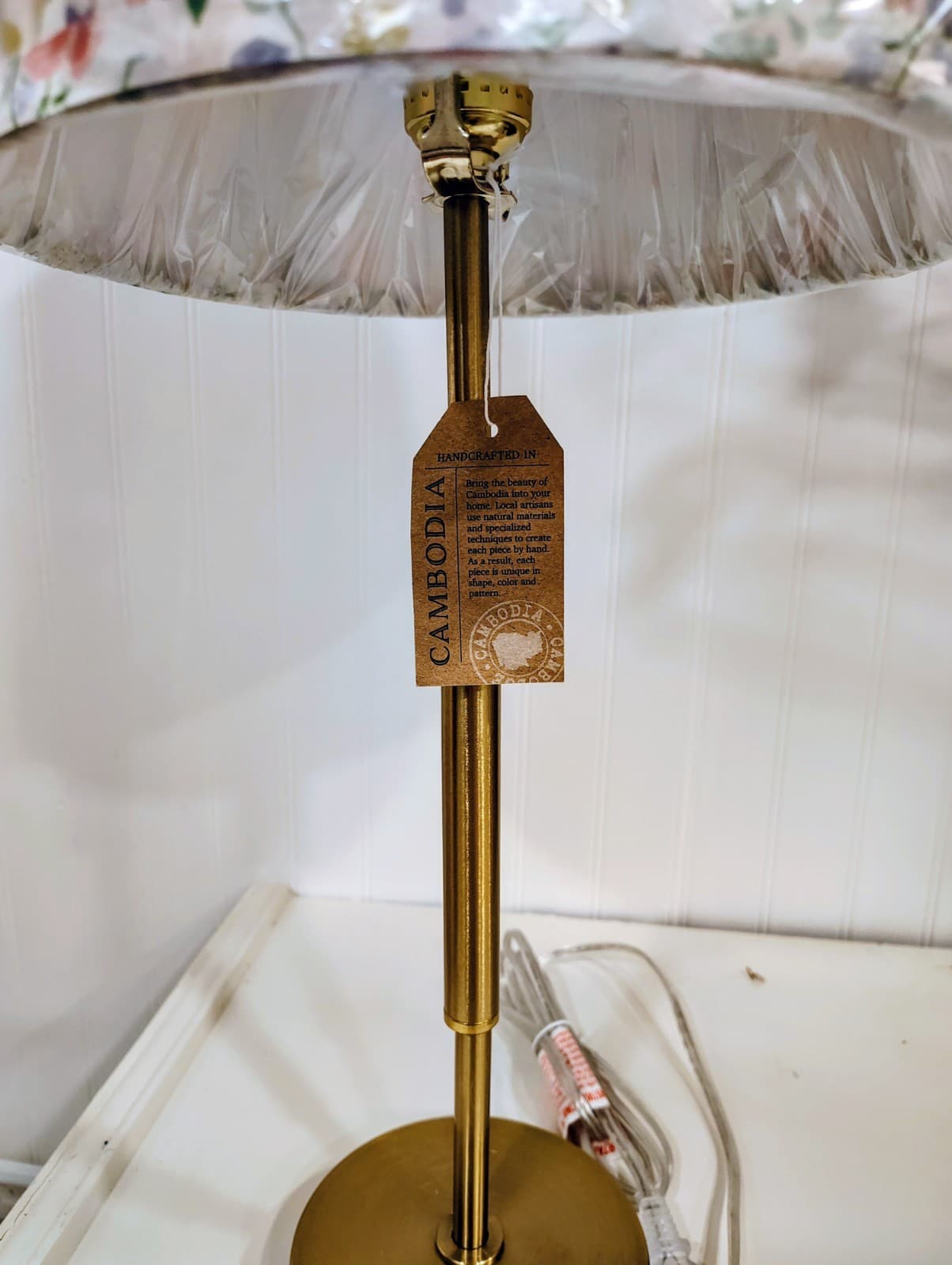 NWT Slender Brass Toned Metal Lamp With Floral Shade, Cambodia - Thumbnail 20