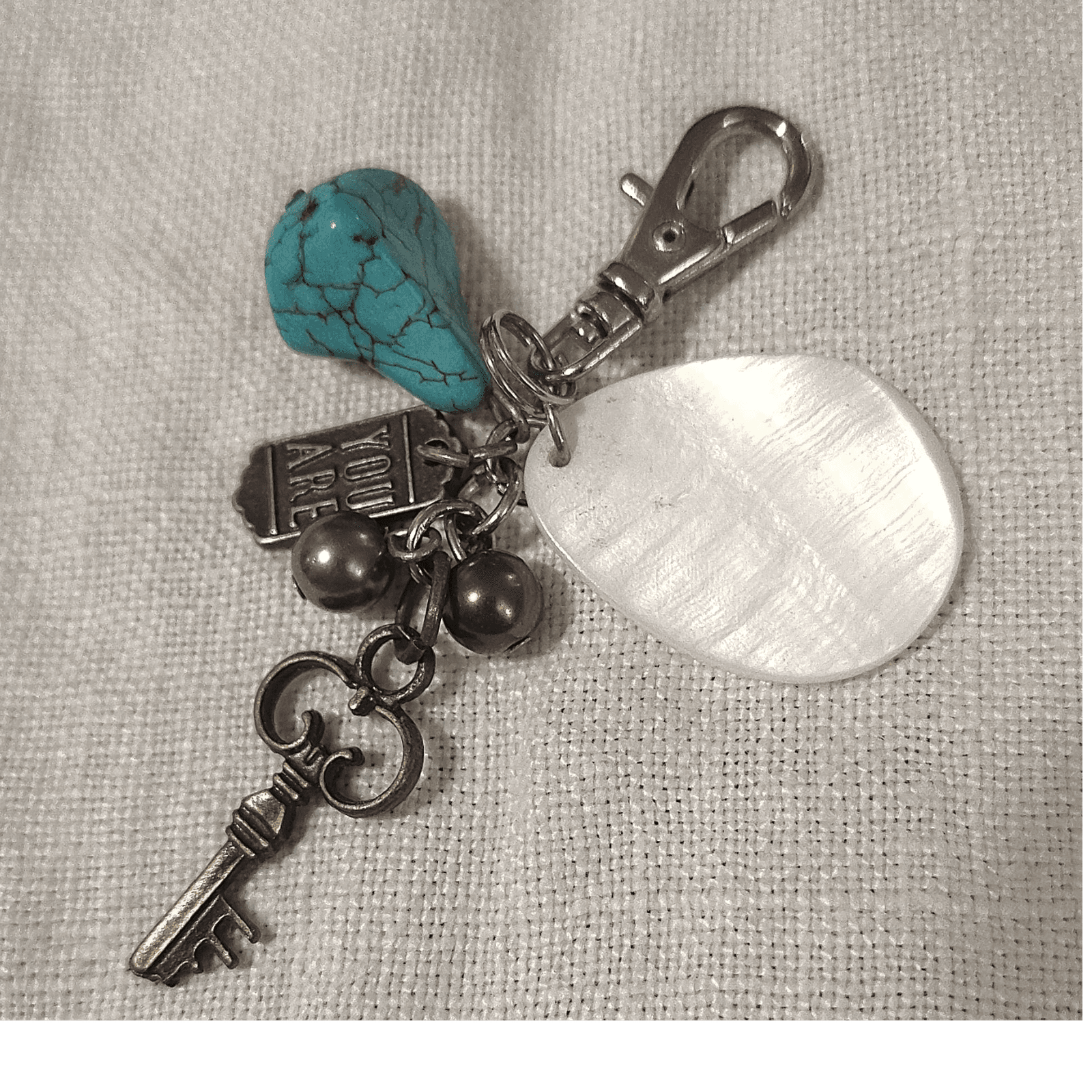 Handmade Charm Keychain Shell Beads Faux Turquoise Key Accent Silver Purple