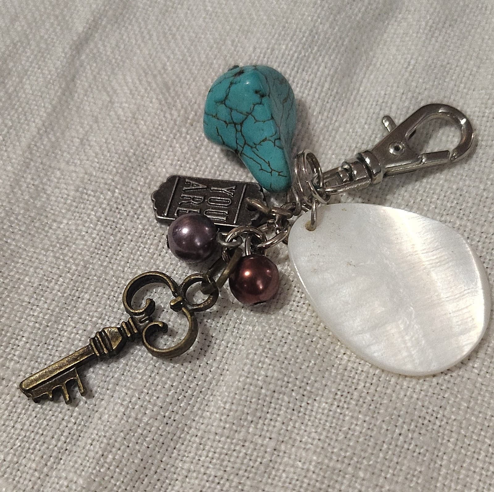 Handmade Charm Keychain Shell Beads Faux Turquoise Key Accent Silver Purple - Thumbnail 2