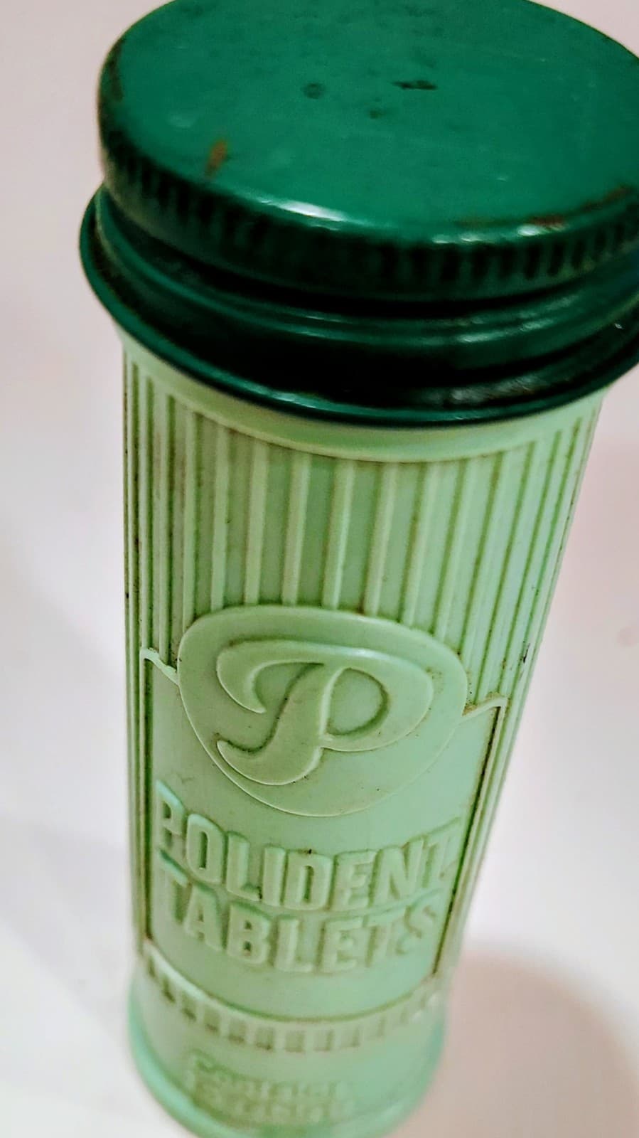 Vintage 1950's Green Polident Tablet Container Metal Lid - Thumbnail 2