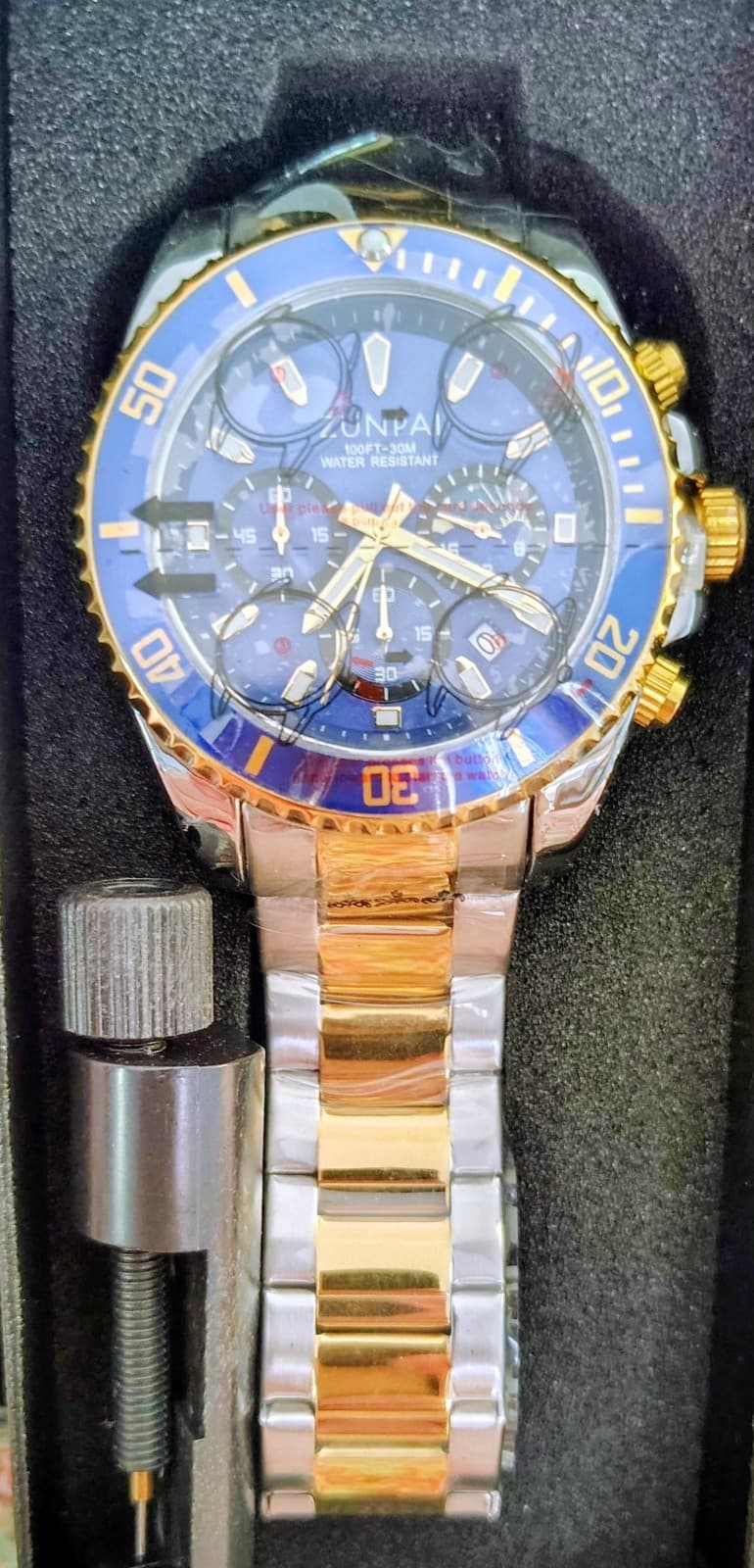 NWT Zunpai Men's Silver Blue Chronograph Watch