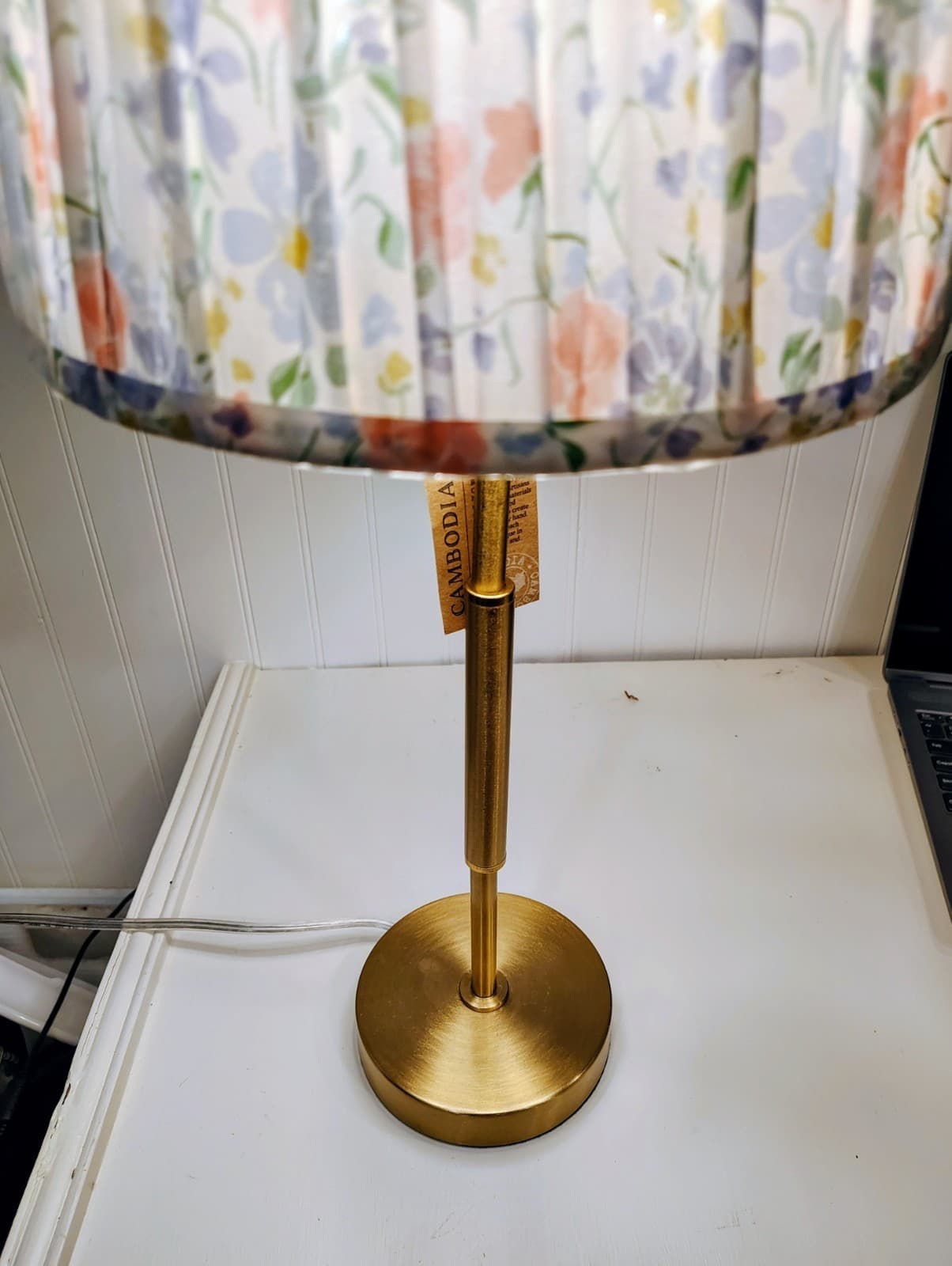NWT Slender Brass Toned Metal Lamp With Floral Shade, Cambodia - Thumbnail 3