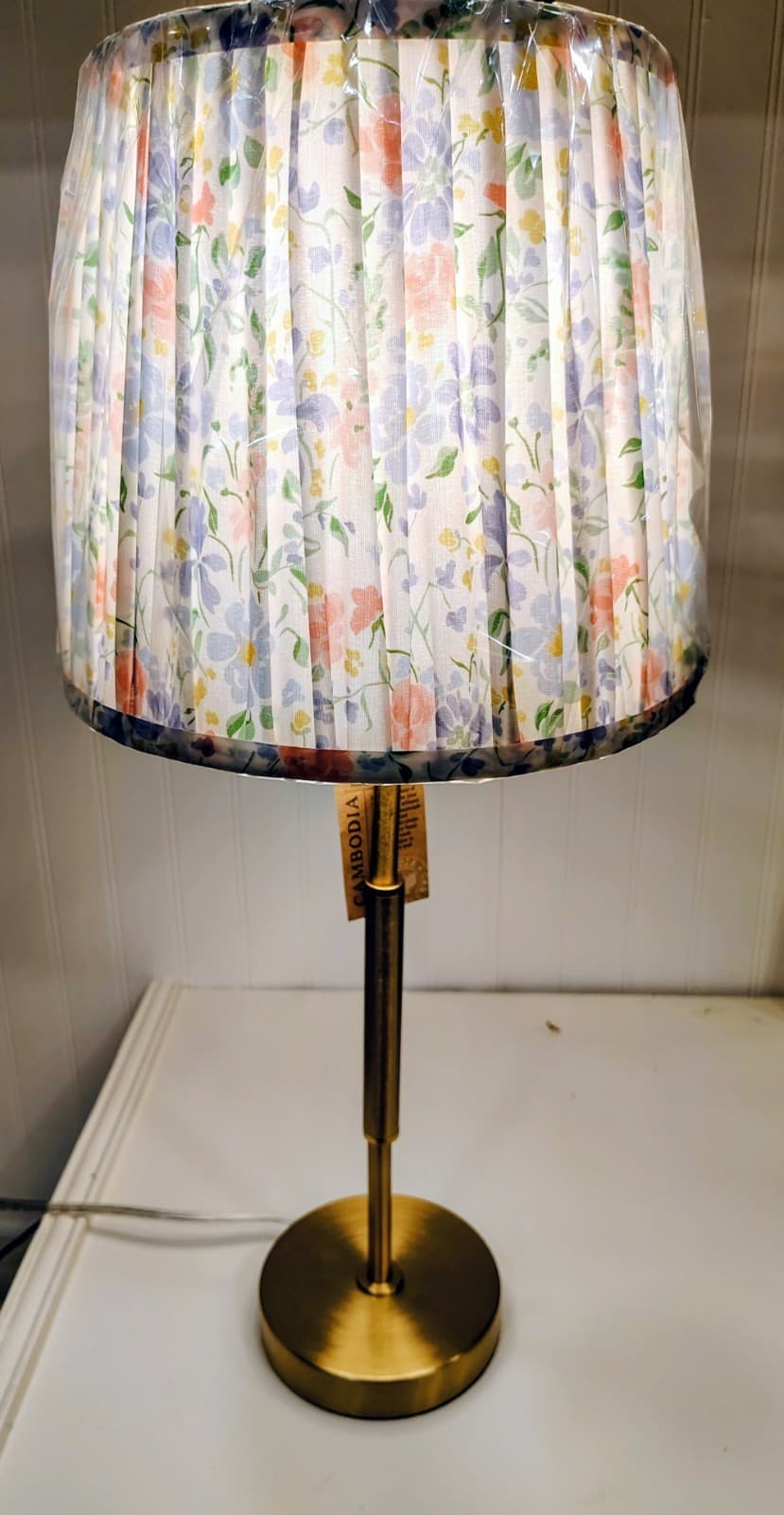 NWT Slender Brass Toned Metal Lamp With Floral Shade, Cambodia - Thumbnail 5