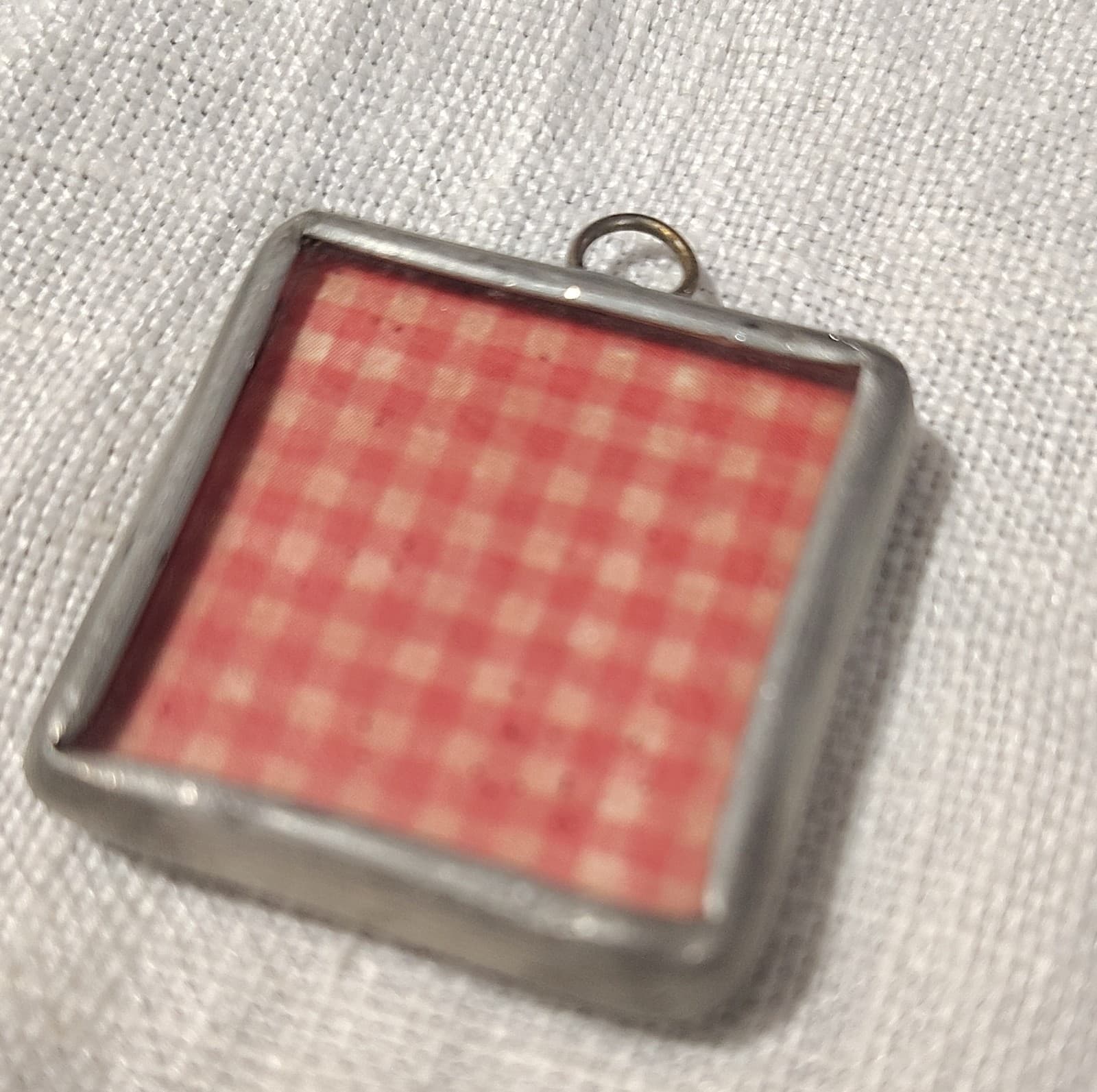 Square Cherry Fruit Glass Pendant Charm with Red Glitter, Silver Frame - Thumbnail 3