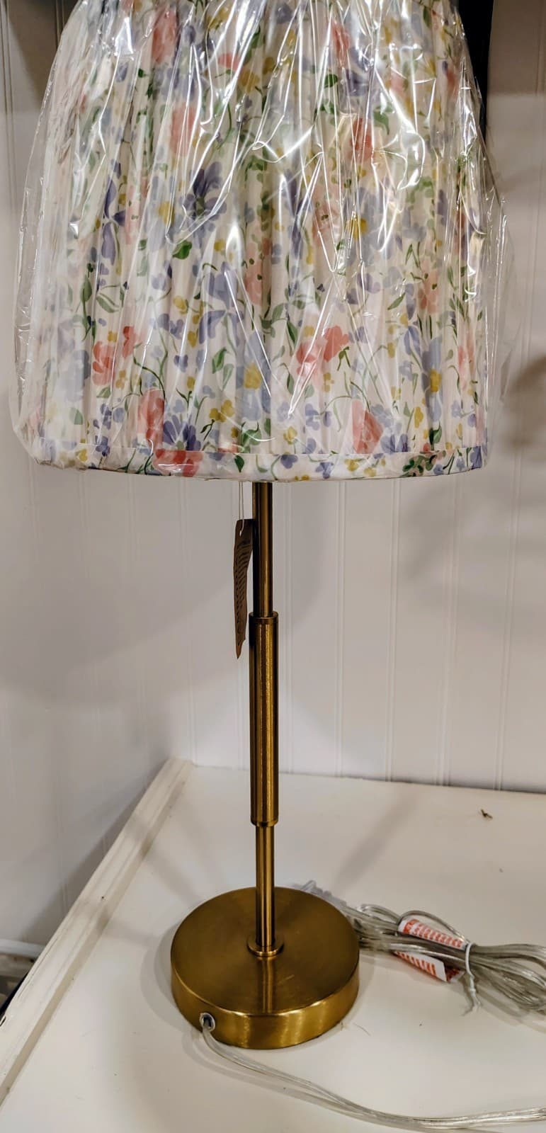 NWT Slender Brass Toned Metal Lamp With Floral Shade, Cambodia - Thumbnail 2