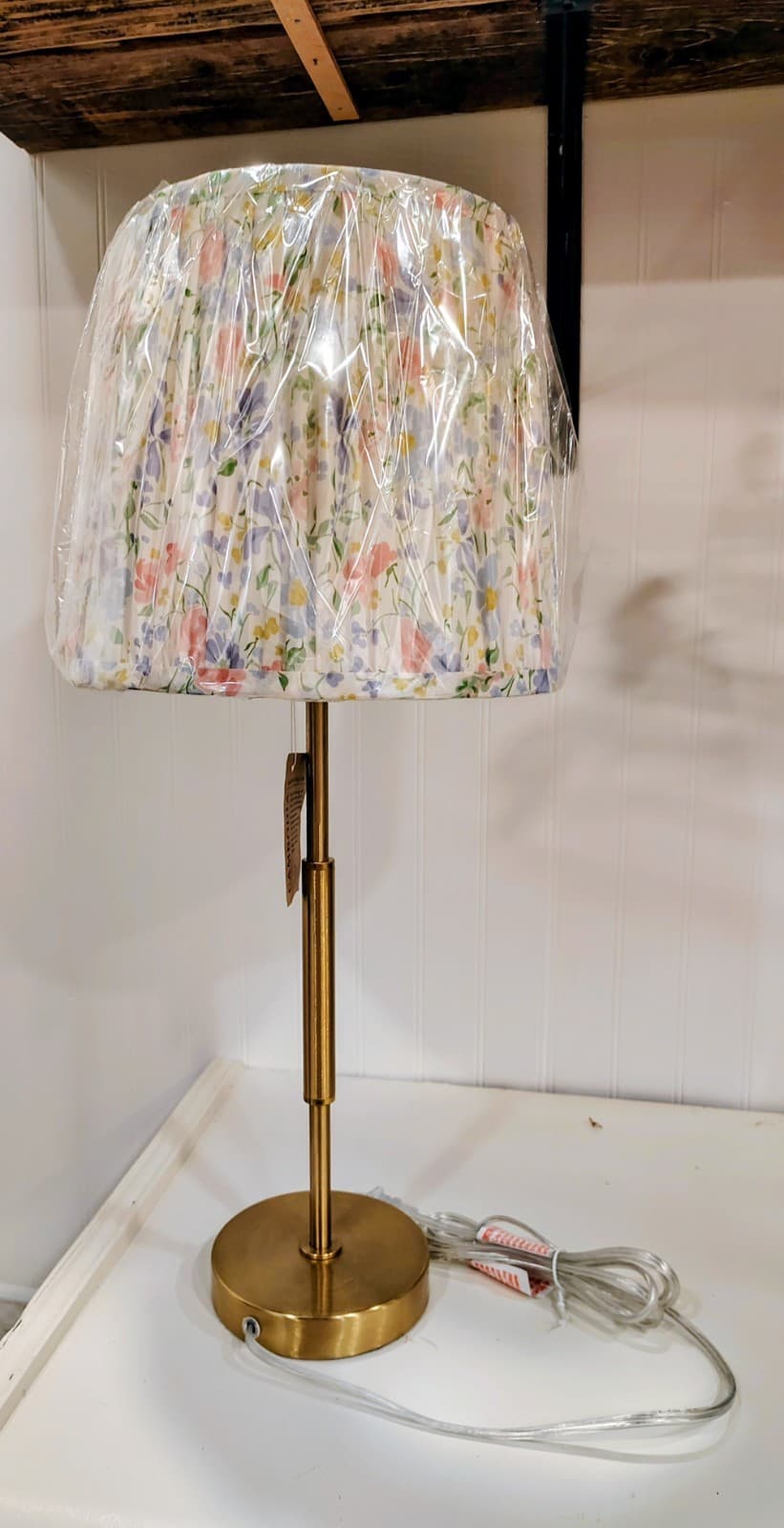 NWT Slender Brass Toned Metal Lamp With Floral Shade, Cambodia