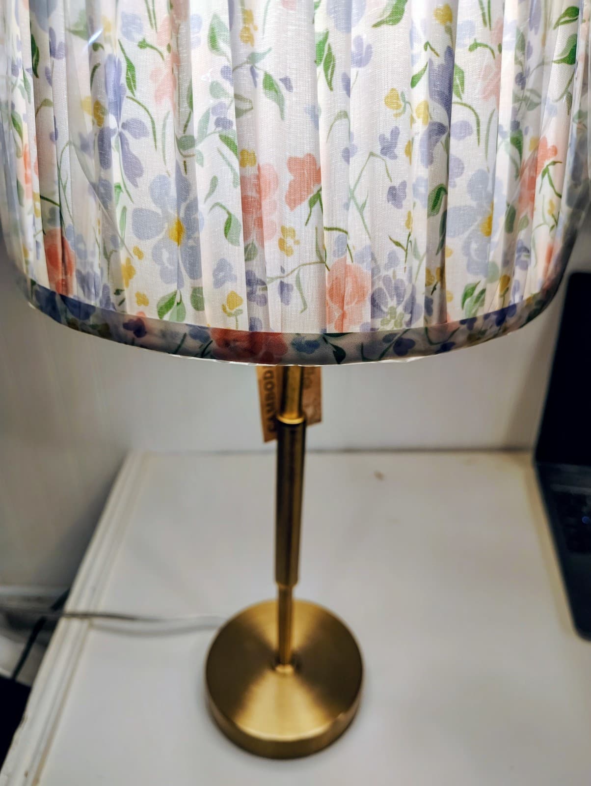 NWT Slender Brass Toned Metal Lamp With Floral Shade, Cambodia - Thumbnail 4
