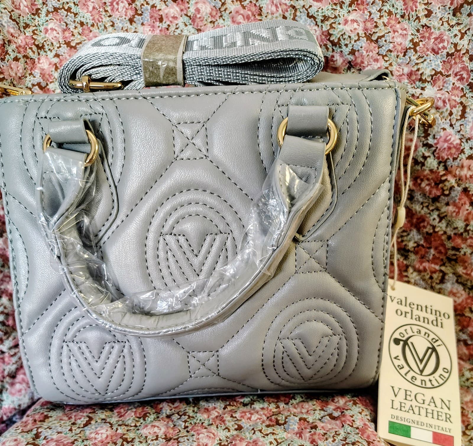 NWT Valentino Orlandi handbag Gray Quilted vegan Leather Handle Crossbody $259
