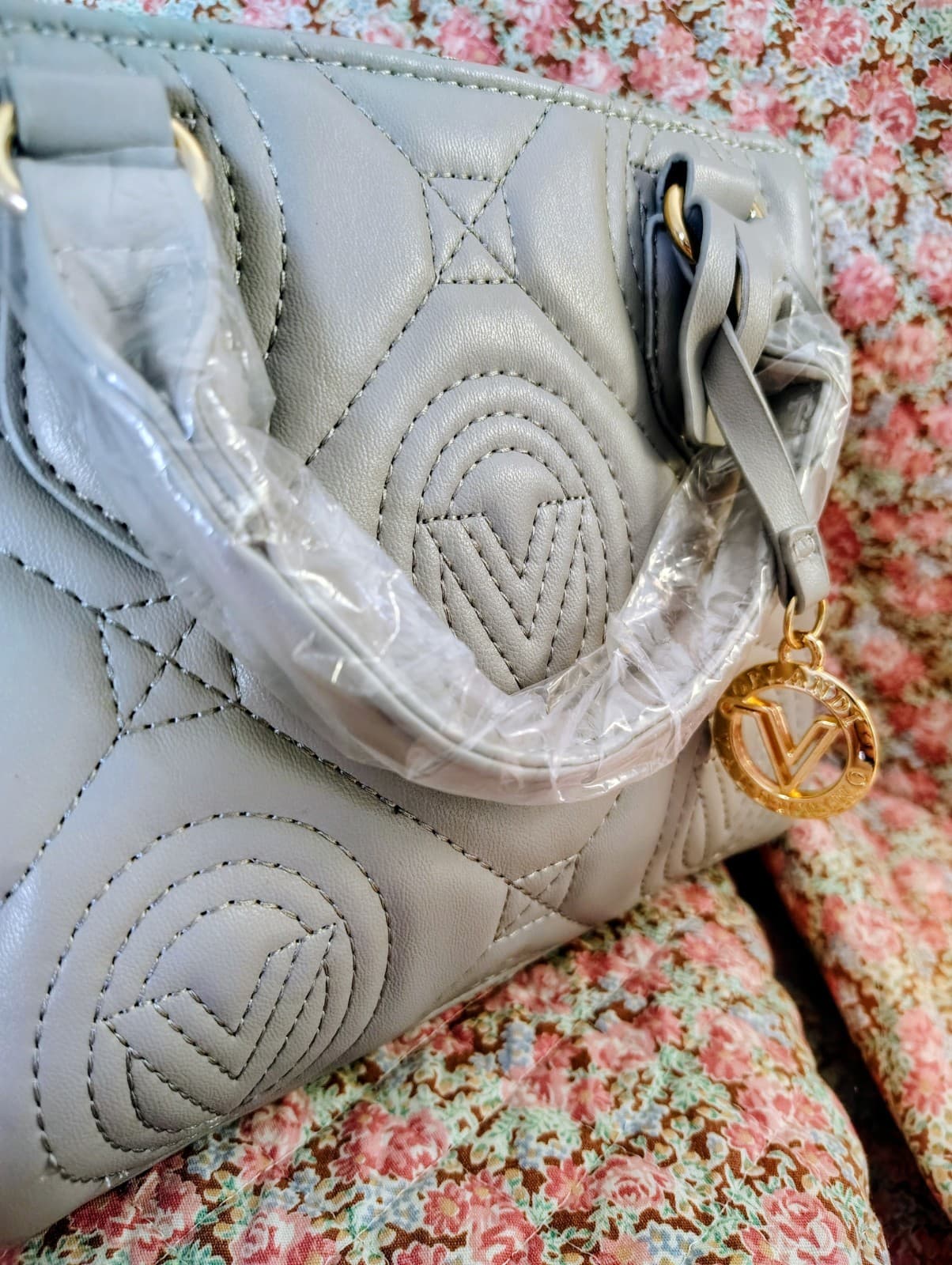 NWT Valentino Orlandi handbag Gray Quilted vegan Leather Handle Crossbody $259 - Thumbnail 9
