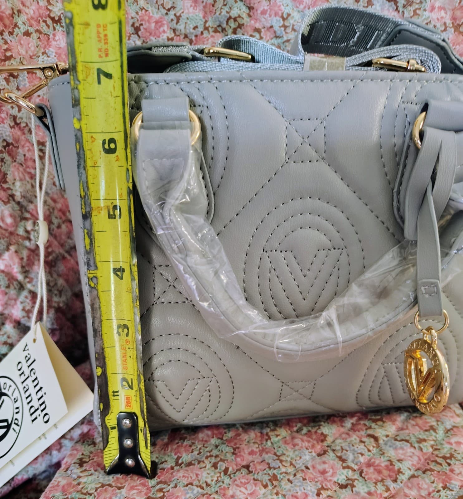 NWT Valentino Orlandi handbag Gray Quilted vegan Leather Handle Crossbody $259 - Thumbnail 17