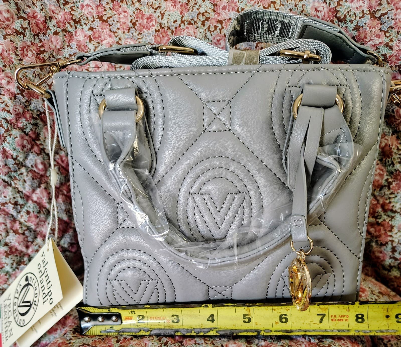 NWT Valentino Orlandi handbag Gray Quilted vegan Leather Handle Crossbody $259 - Thumbnail 16
