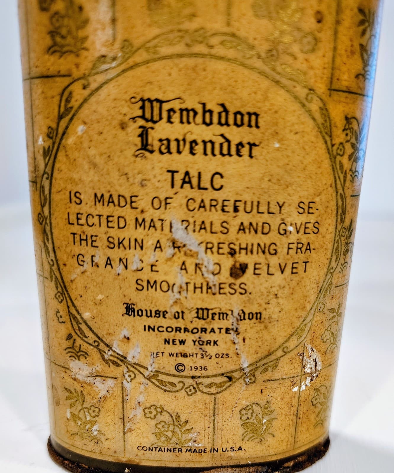 Original 1936 WEMBDON Lavender Talc Powder Tin, House Of Wembdon, Full Tin - Thumbnail 4