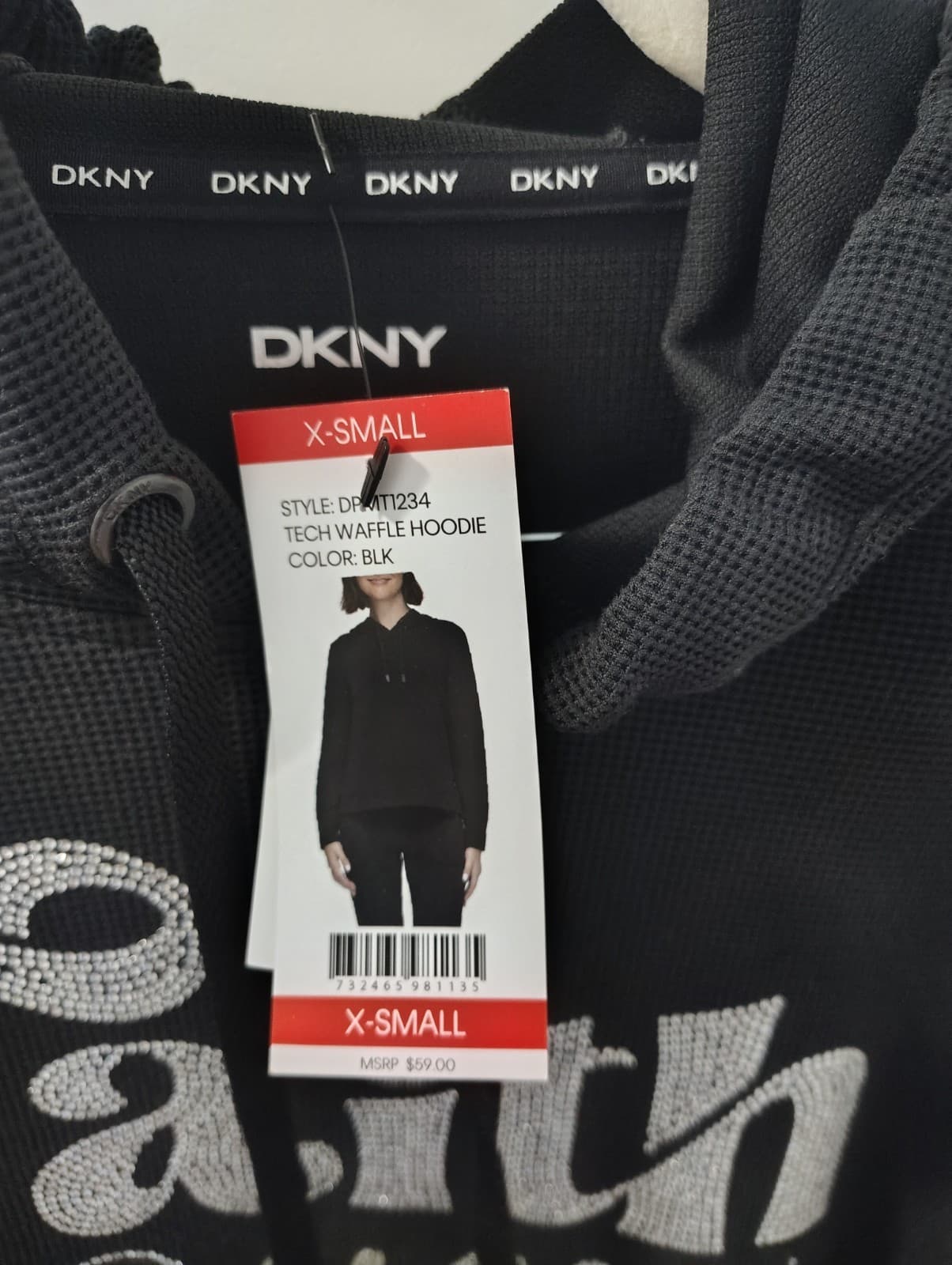 DKNY tech waffle hoodie in black size extra-small, NWT, Faith Over Fear, Olivia - Thumbnail 3