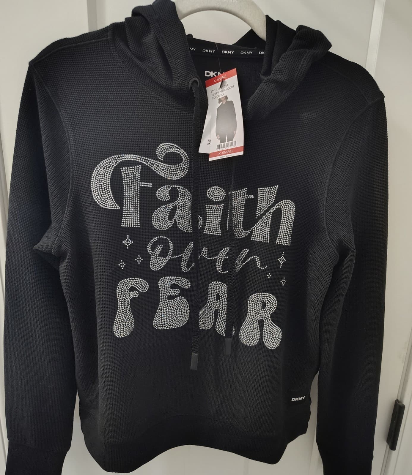 DKNY tech waffle hoodie in black size extra-small, NWT, Faith Over Fear, Olivia