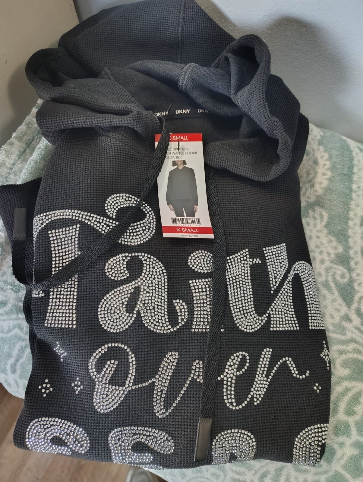 DKNY tech waffle hoodie in black size extra-small, NWT, Faith Over Fear, Olivia - Thumbnail 9