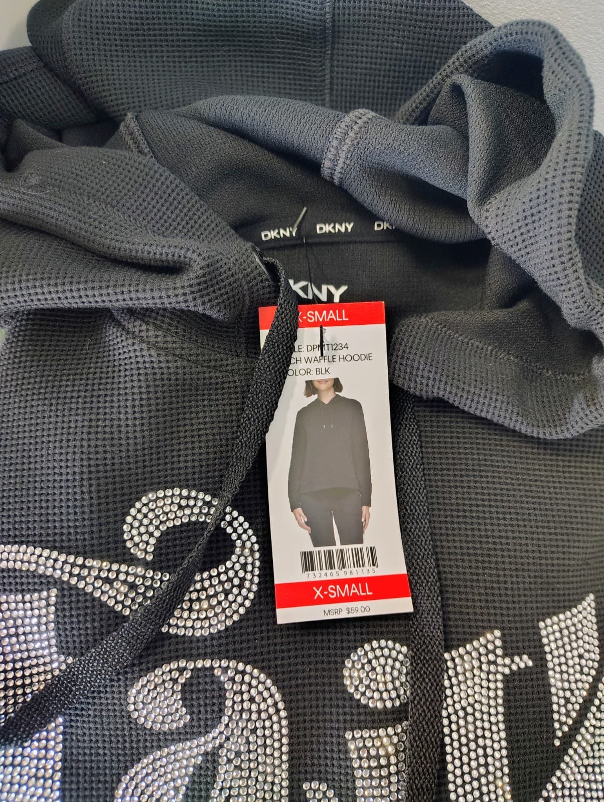 DKNY tech waffle hoodie in black size extra-small, NWT, Faith Over Fear, Olivia - Thumbnail 8