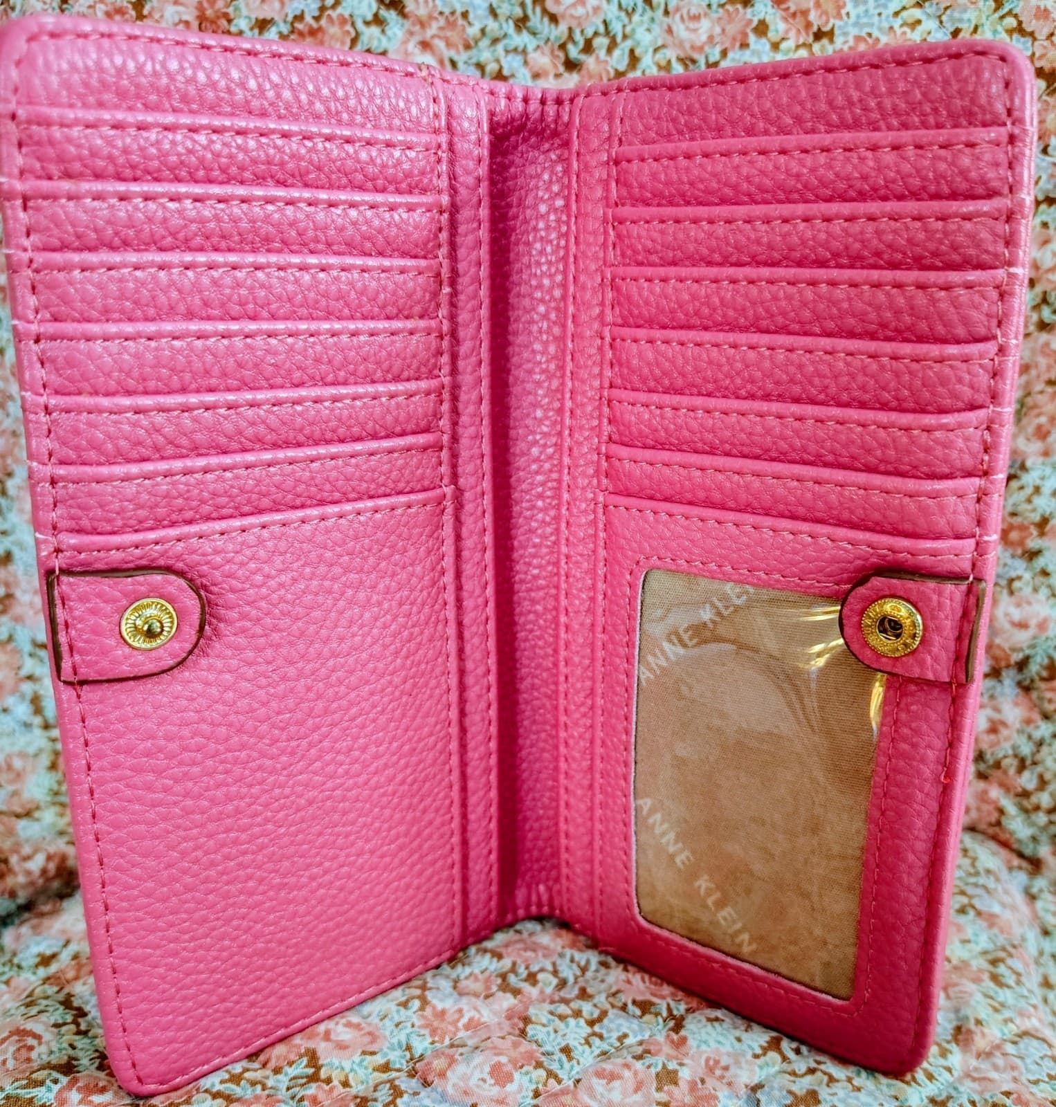 pink pebbled leather Anne Klein slim bifold wallet - Thumbnail 6