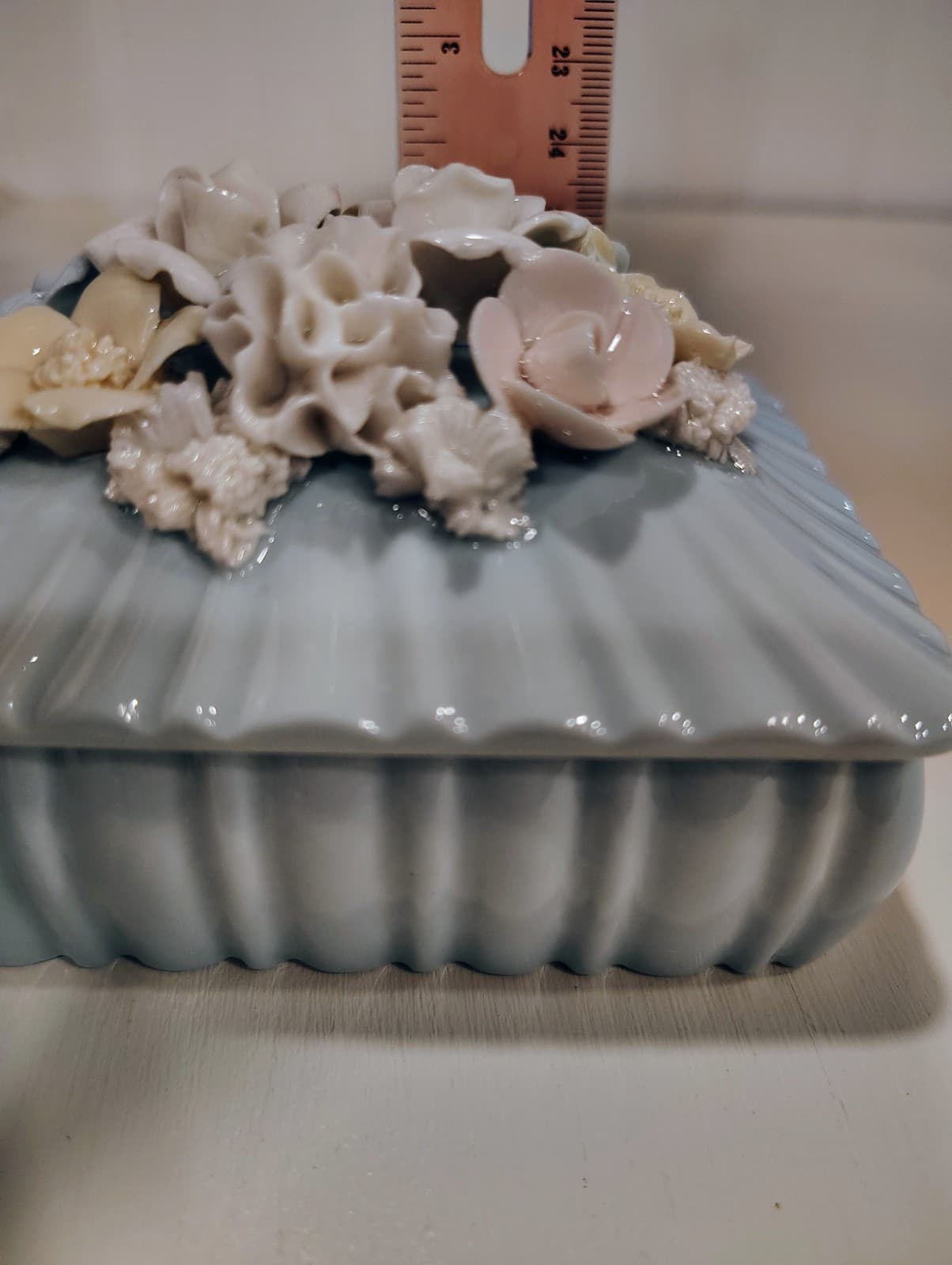 Vintage Japan Blue Porcelain Pink Flowers Floral Trinket Box - Thumbnail 12