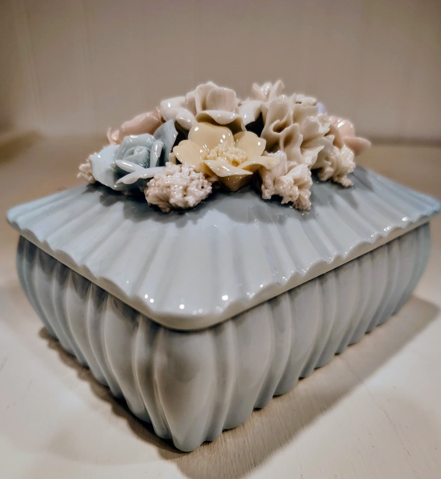 Vintage Japan Blue Porcelain Pink Flowers Floral Trinket Box - Thumbnail 2