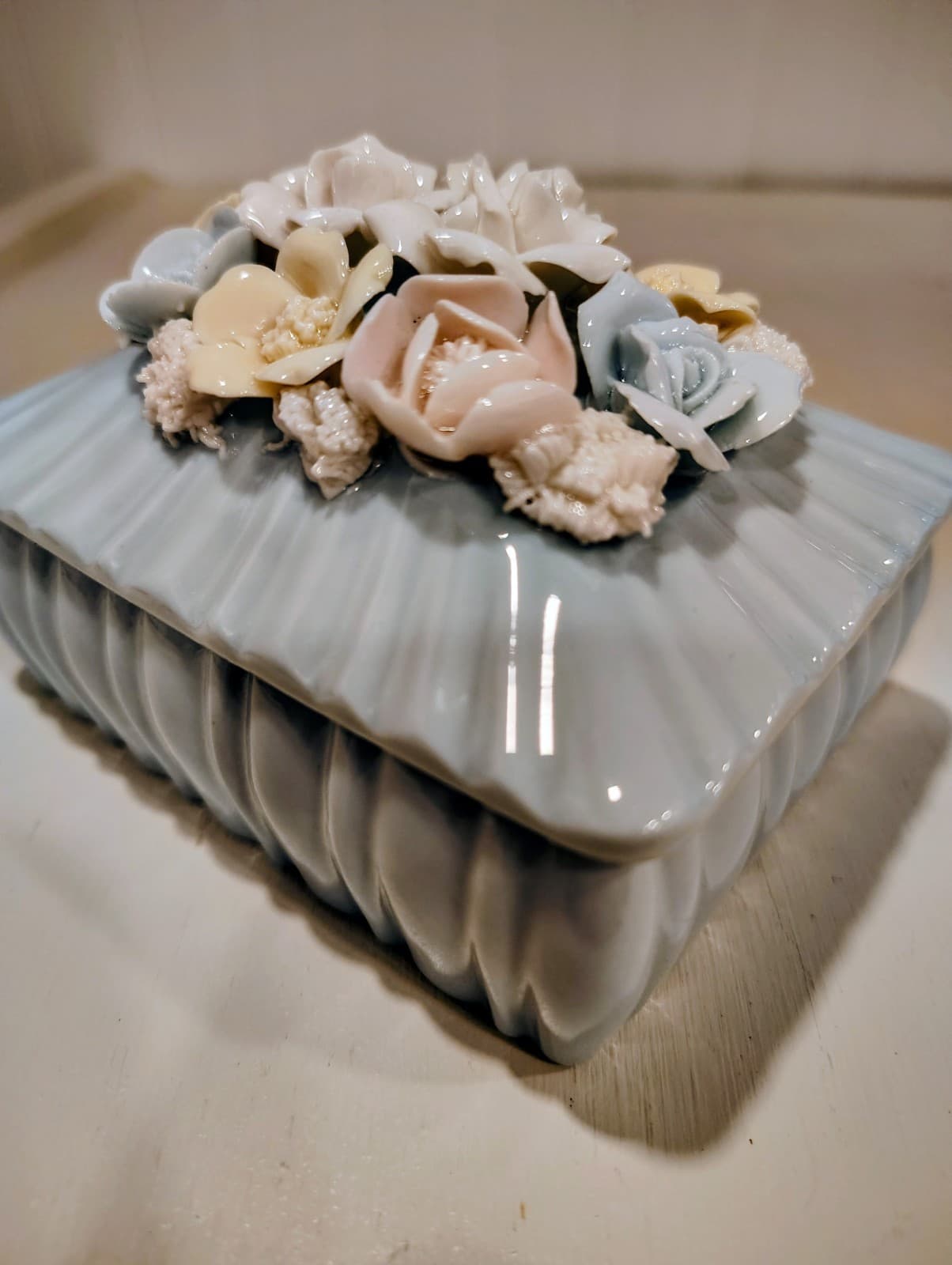 Vintage Japan Blue Porcelain Pink Flowers Floral Trinket Box - Thumbnail 8