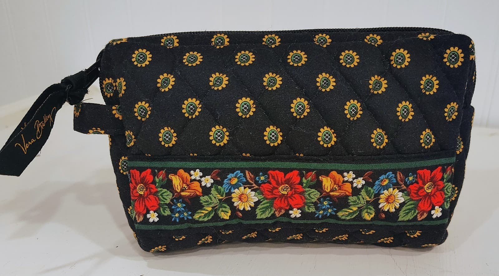 Vera Bradley Retired Rare Vibrant Black Floral Trim Zip Makeup Bag Lined EUC