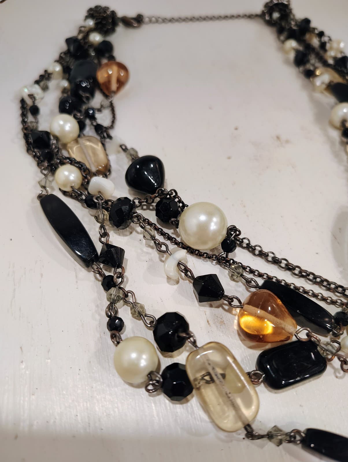 Lia Sophia Necklace Multi 6 Strand Black Amber Glass Faux Pearl - Thumbnail 3