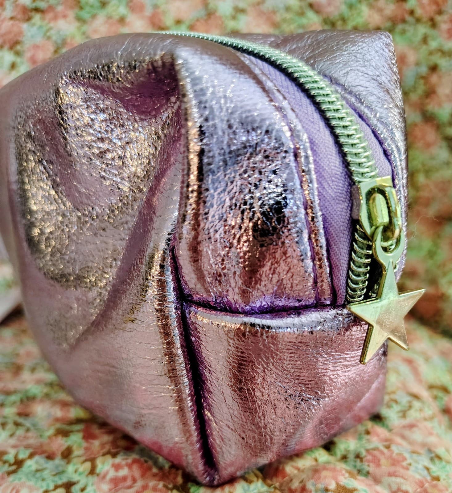 NWT Ulta Beauty cosmetic Makeup Bag metallic purple finish wrist handle - Thumbnail 2