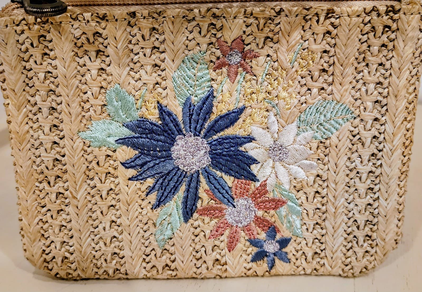 Sakroots Woven Straw Floral Embroidered Clutch Makeup Bag Pouch - Thumbnail 3