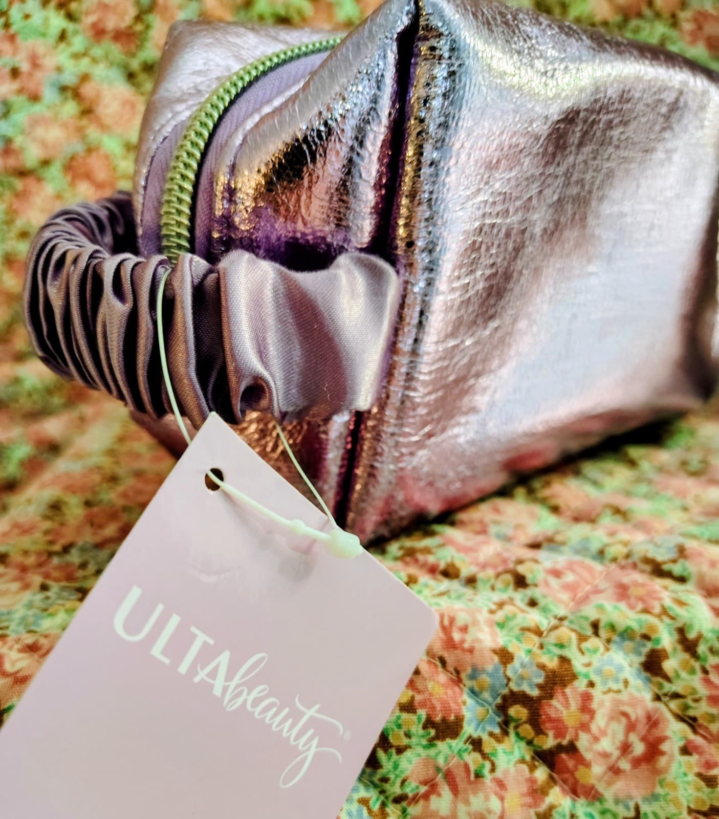 NWT Ulta Beauty cosmetic Makeup Bag metallic purple finish wrist handle