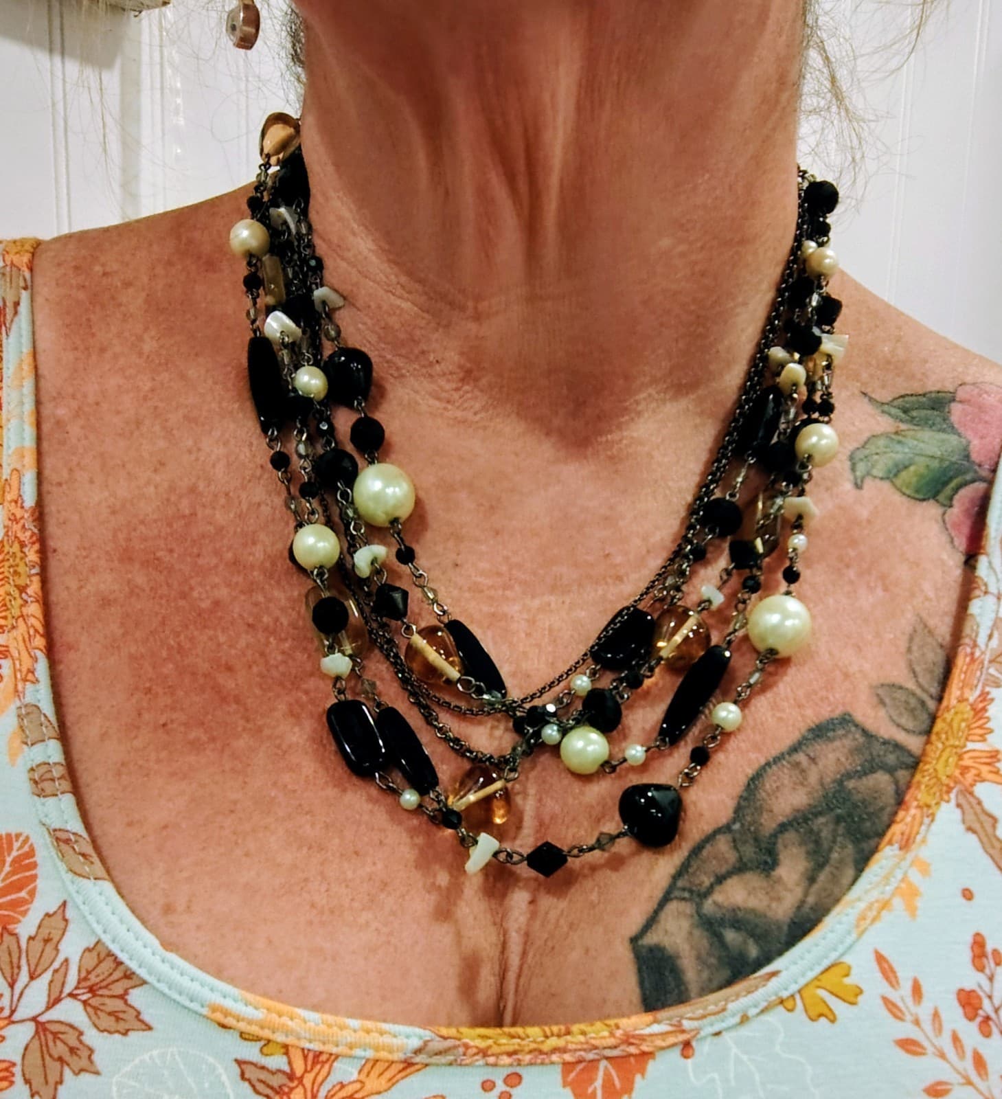 Lia Sophia Necklace Multi 6 Strand Black Amber Glass Faux Pearl - Thumbnail 11