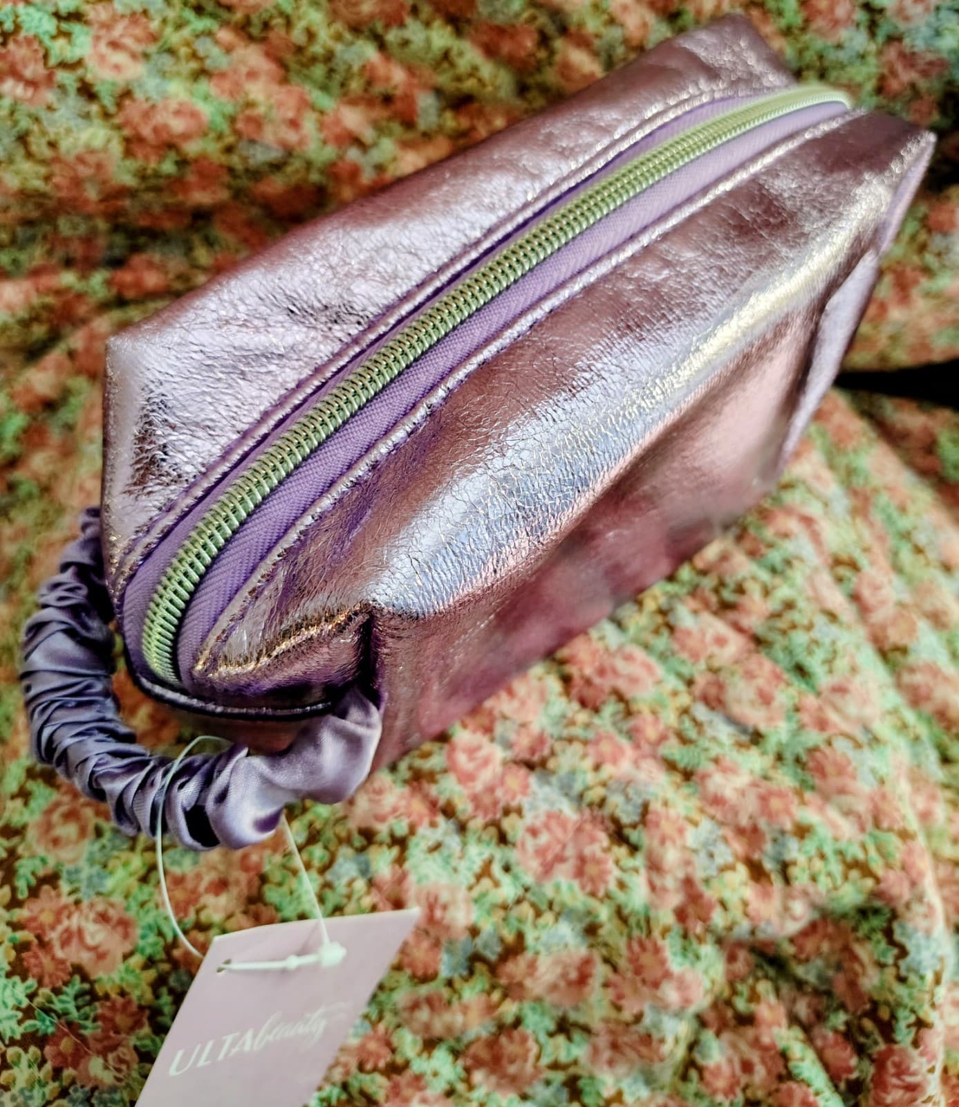 NWT Ulta Beauty cosmetic Makeup Bag metallic purple finish wrist handle - Thumbnail 3