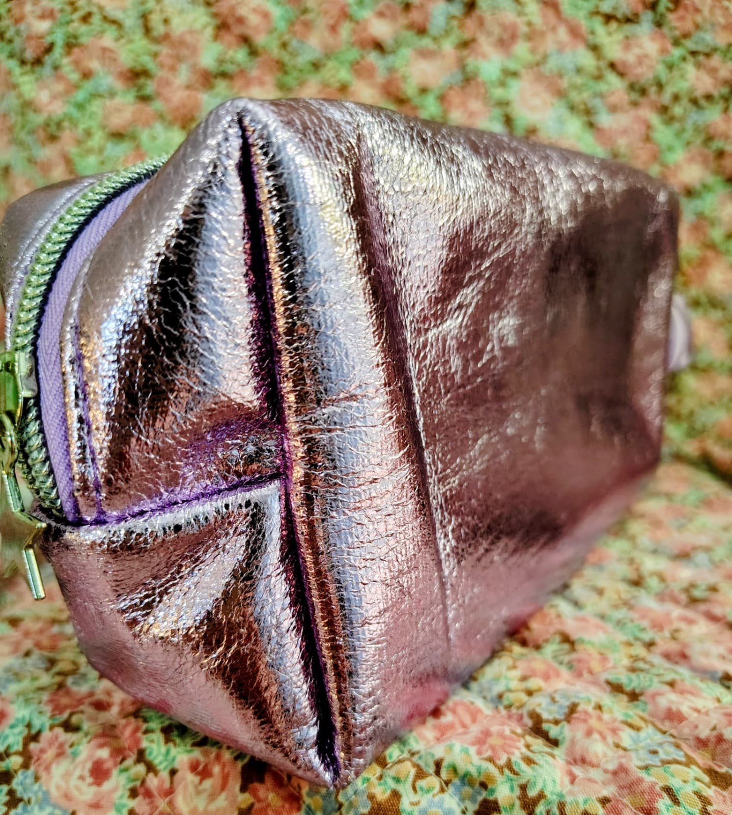 NWT Ulta Beauty cosmetic Makeup Bag metallic purple finish wrist handle - Thumbnail 5