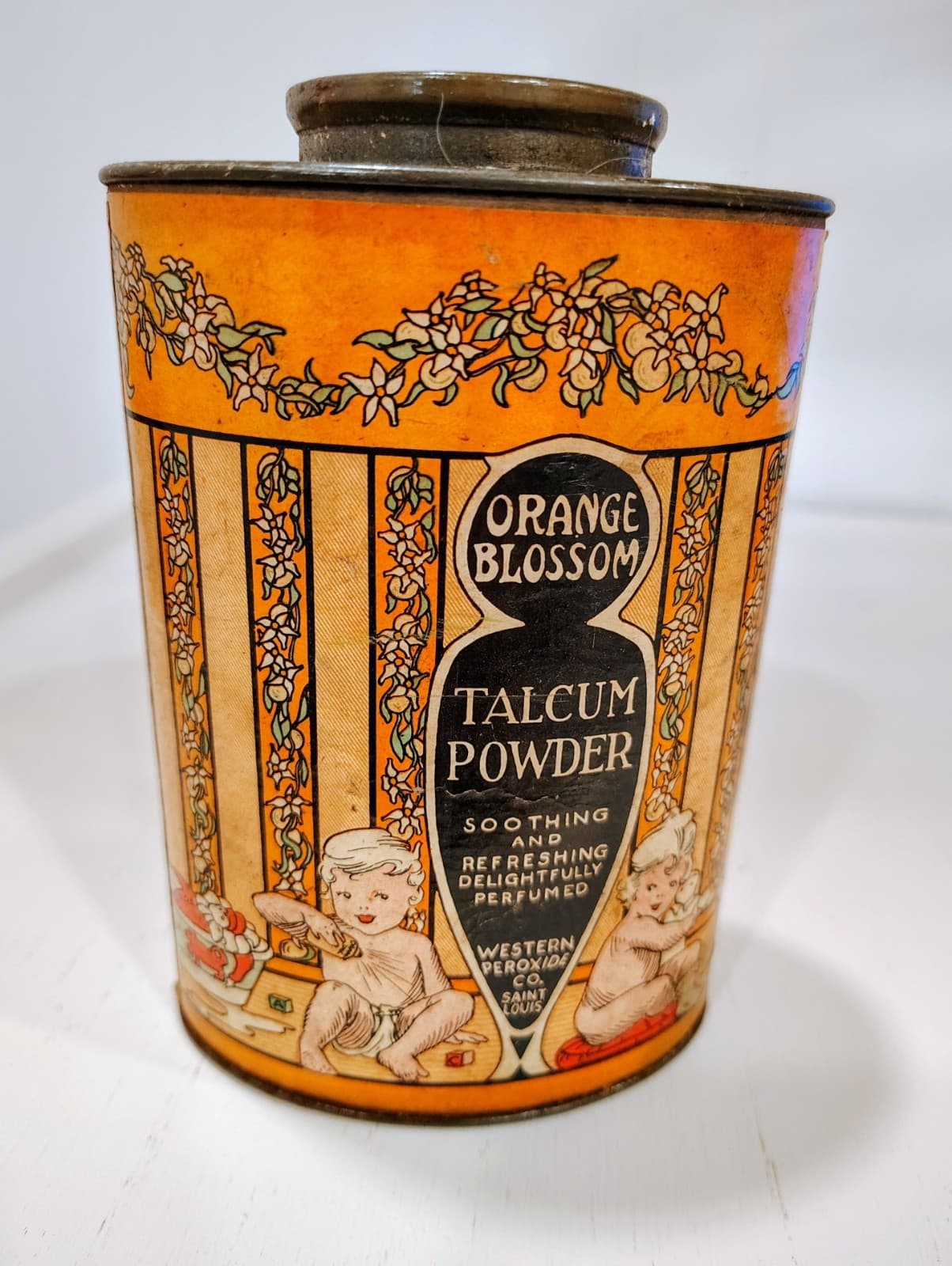 Vintage 1910-1920 Orange Blossom Talcum Powder Oval FULL Tin