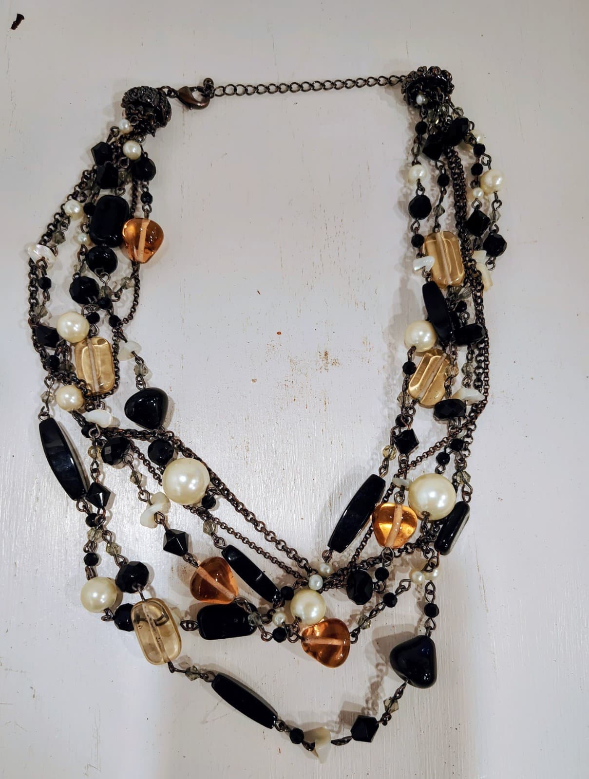 Lia Sophia Necklace Multi 6 Strand Black Amber Glass Faux Pearl