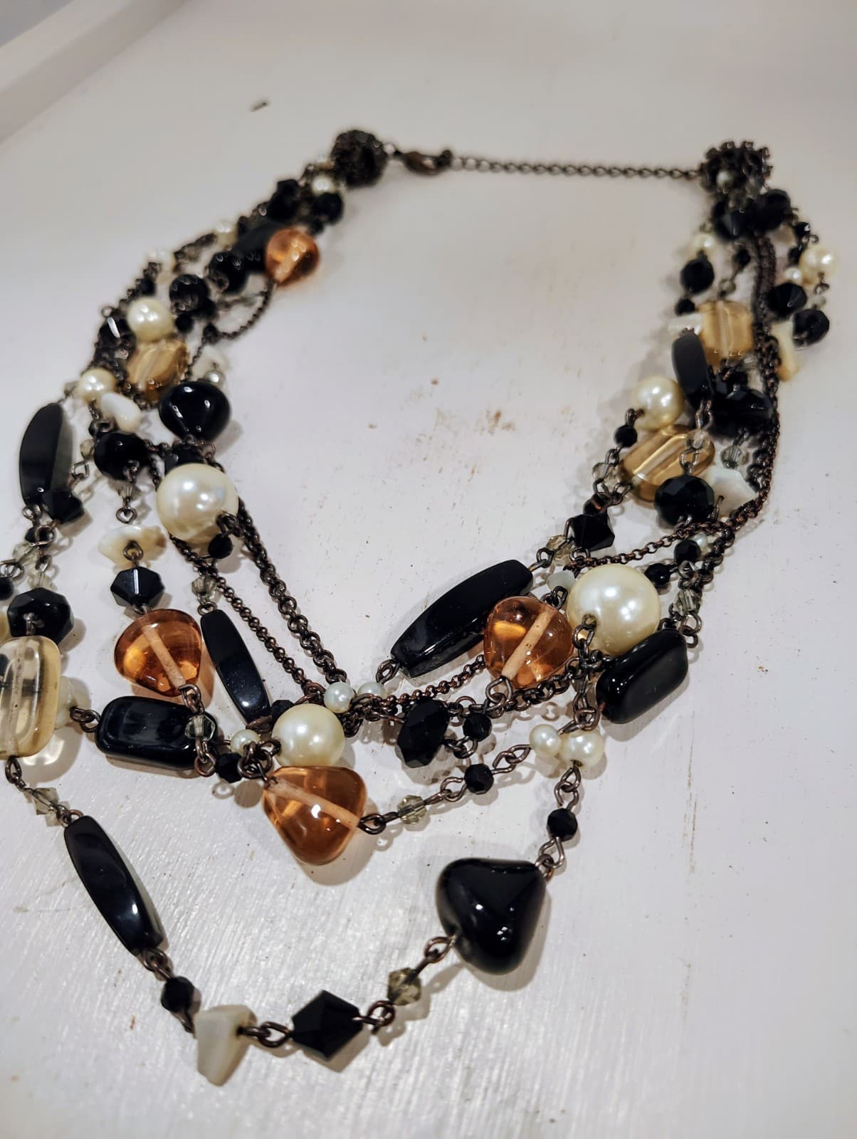 Lia Sophia Necklace Multi 6 Strand Black Amber Glass Faux Pearl - Thumbnail 4