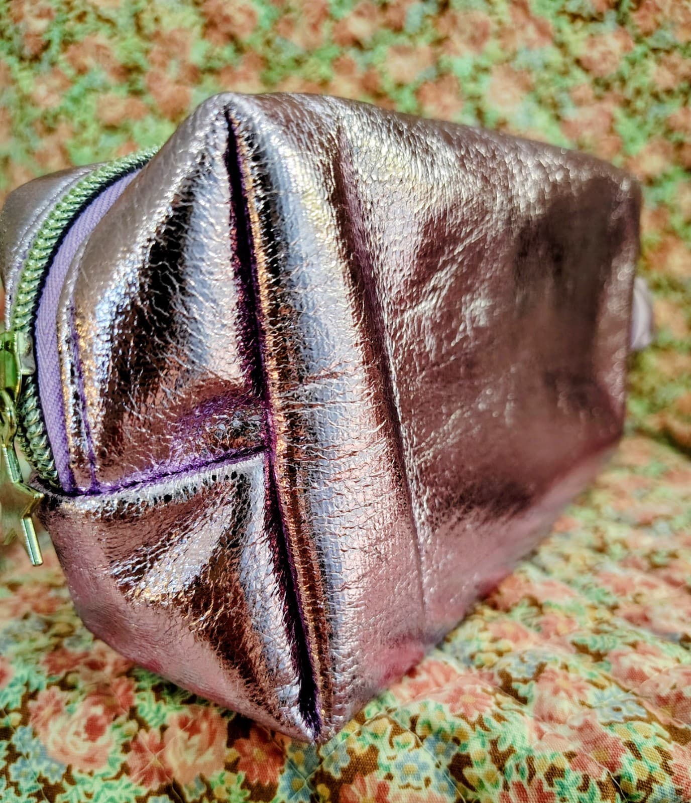 NWT Ulta Beauty cosmetic Makeup Bag metallic purple finish wrist handle - Thumbnail 6
