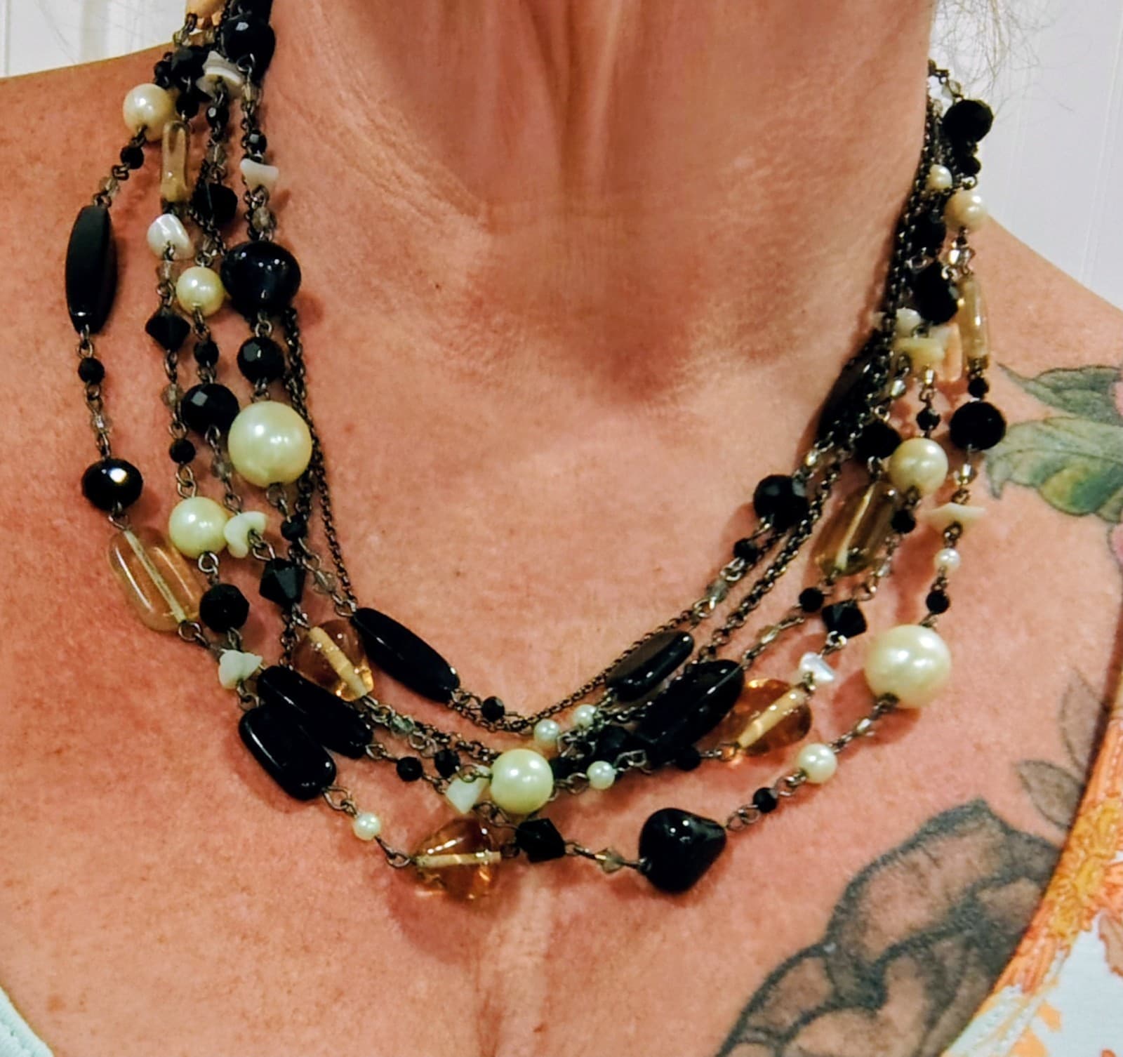 Lia Sophia Necklace Multi 6 Strand Black Amber Glass Faux Pearl - Thumbnail 10
