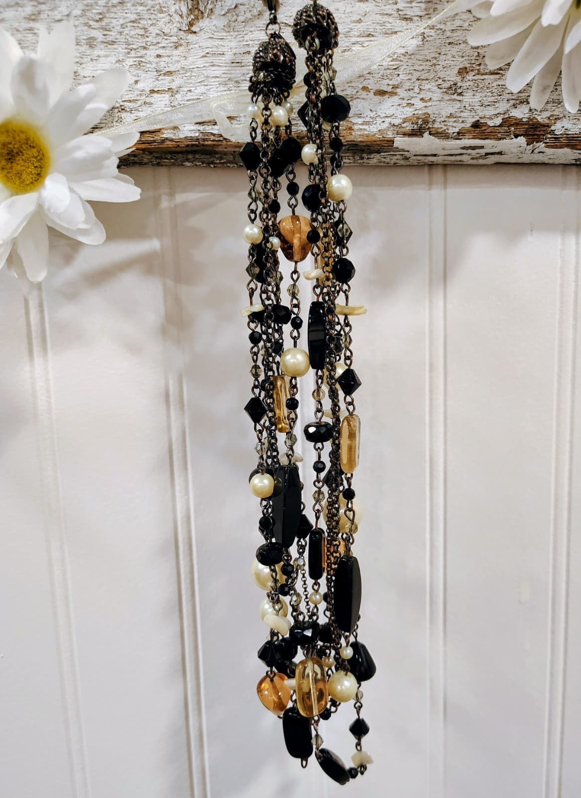 Lia Sophia Necklace Multi 6 Strand Black Amber Glass Faux Pearl - Thumbnail 2