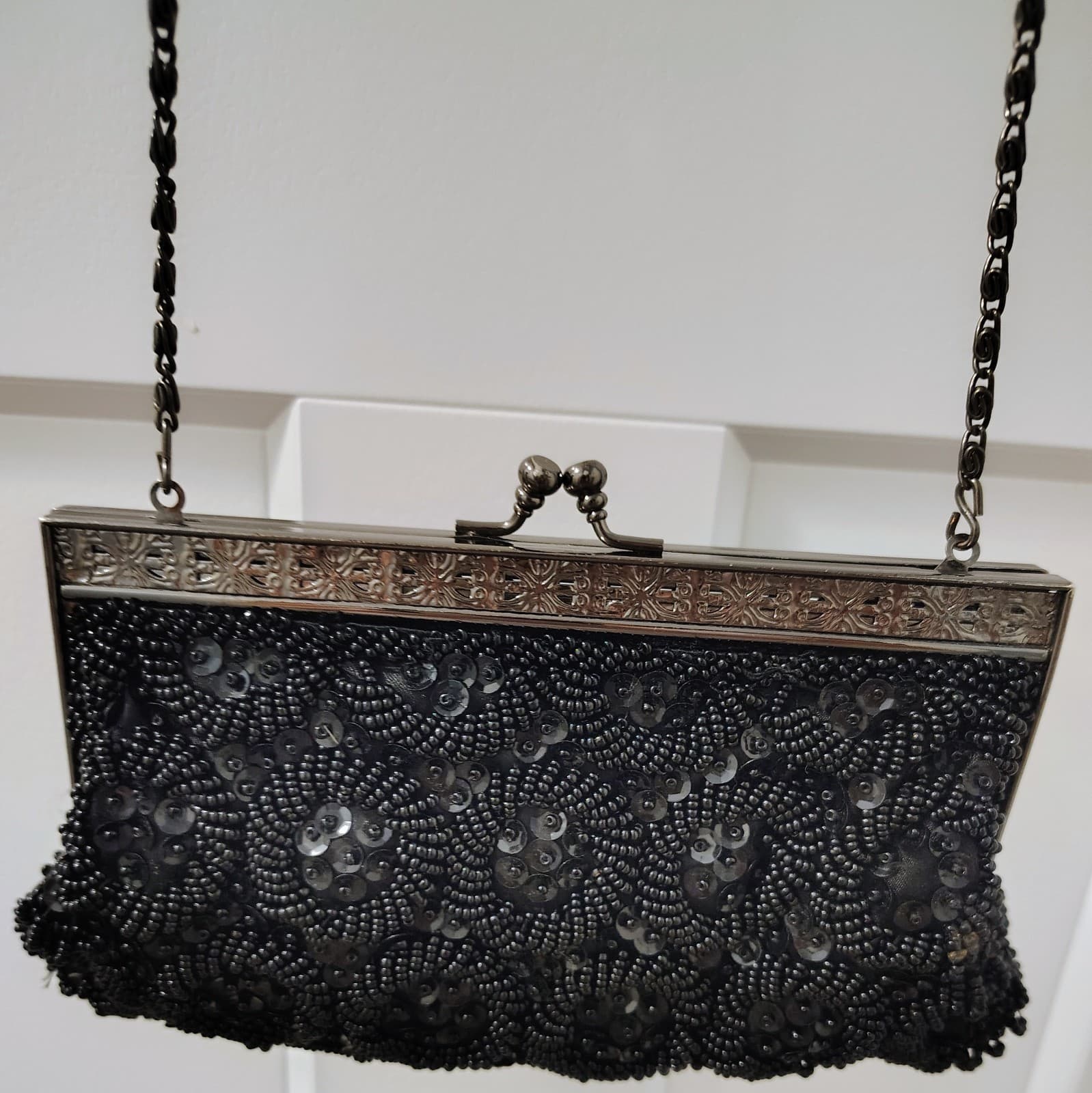 Jessica McClintock Black Sequin Formal Evening Clutch Bag Chain - Thumbnail 4