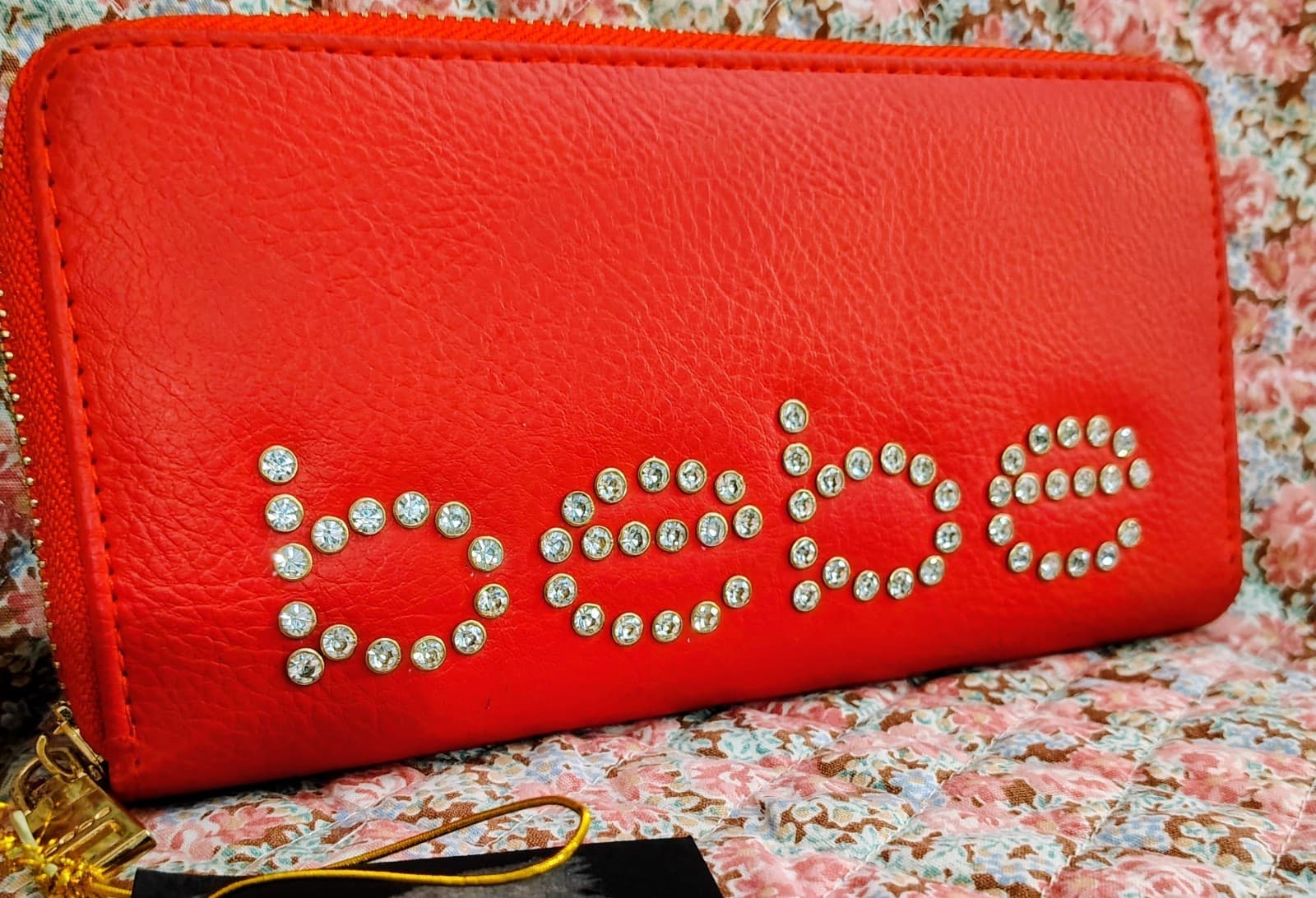 Bebe WALLET (New/NWT) "Jetta" RED Long ZIP AROUND Vegan Leather RHINESTONE STUD - Thumbnail 2