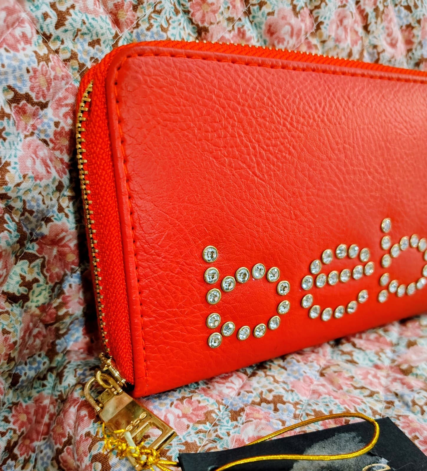 Bebe WALLET (New/NWT) "Jetta" RED Long ZIP AROUND Vegan Leather RHINESTONE STUD - Thumbnail 3