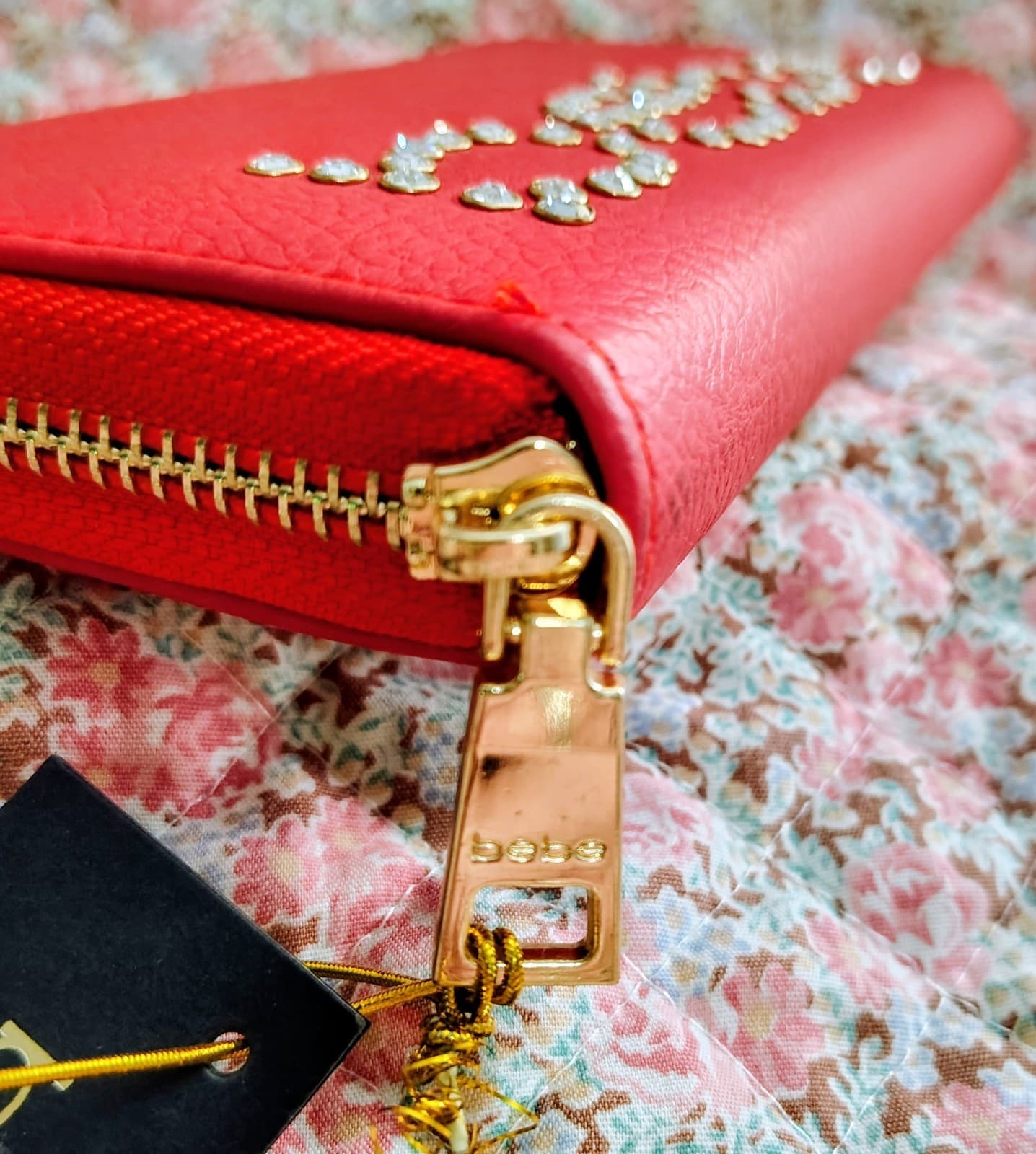 Bebe WALLET (New/NWT) "Jetta" RED Long ZIP AROUND Vegan Leather RHINESTONE STUD - Thumbnail 4