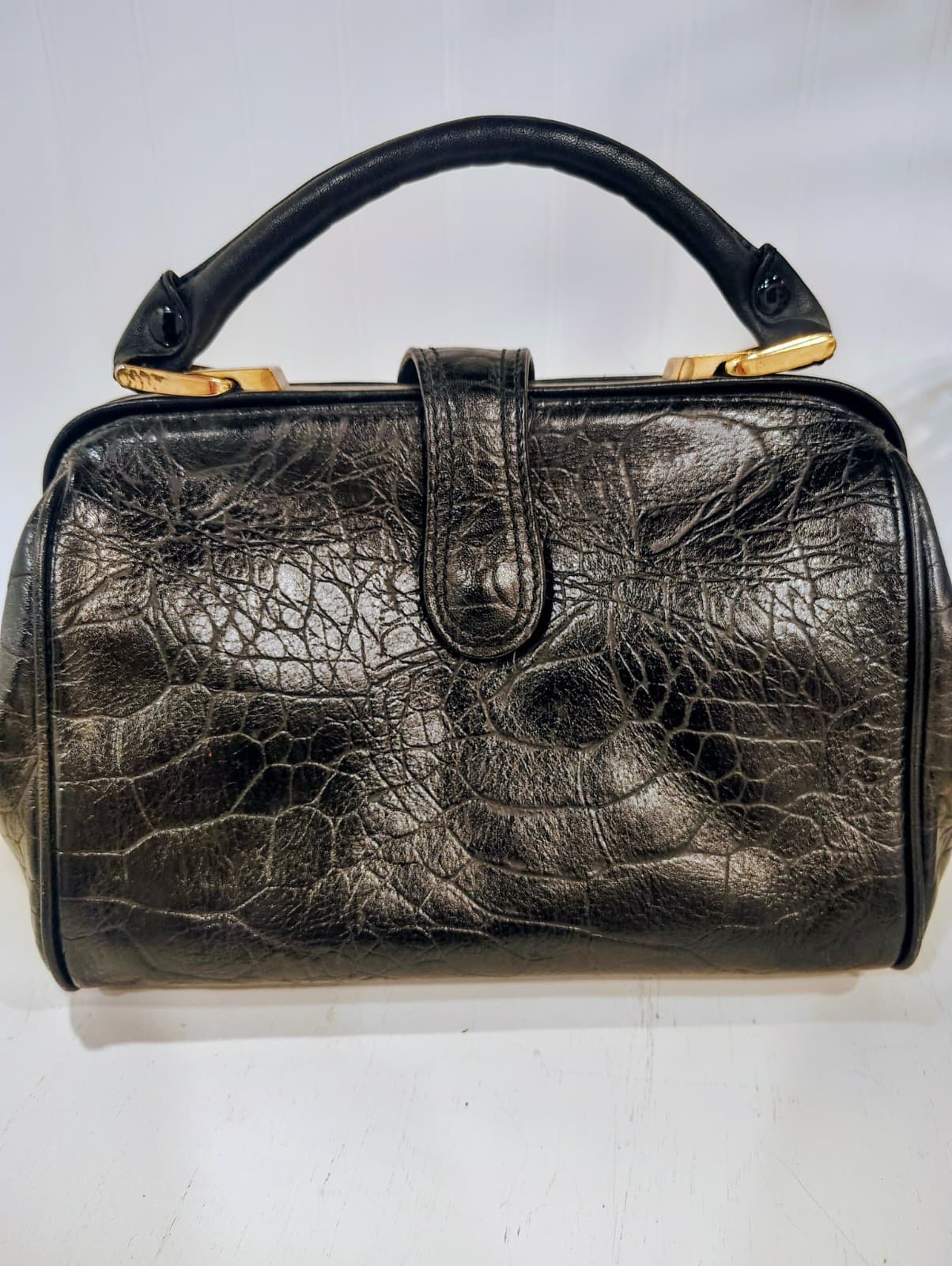 Vintage 1980's Tano Black Crocodile Embossed Satchel Bag, Gold Hinges EUC